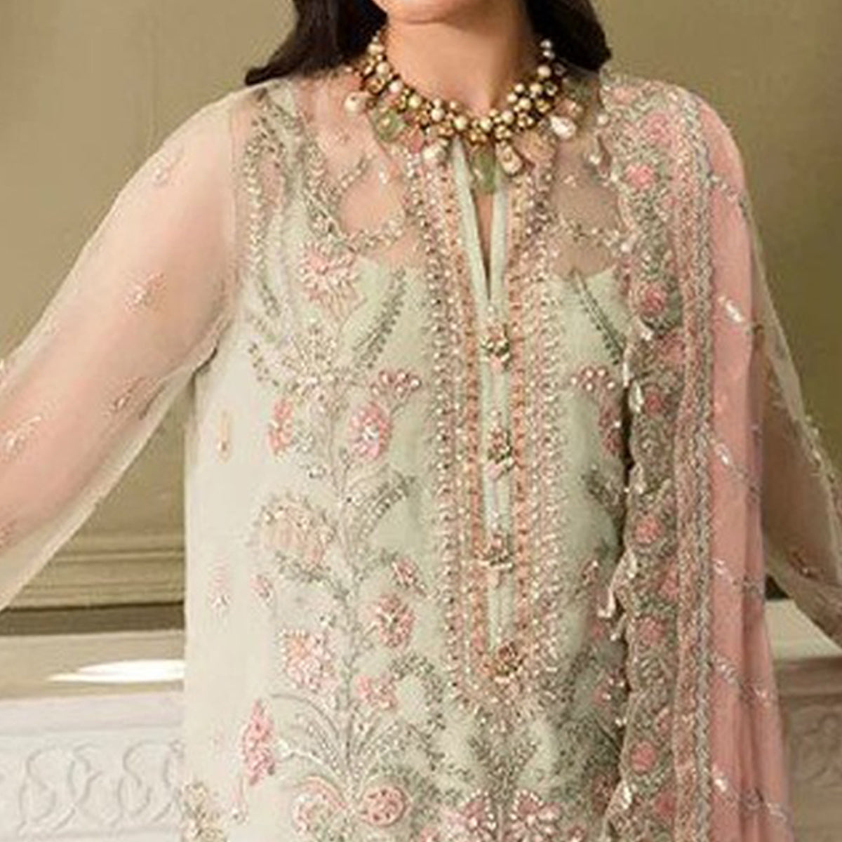 Pista Green And Peach Heavy Embroidered Georgette Pakistani Suit