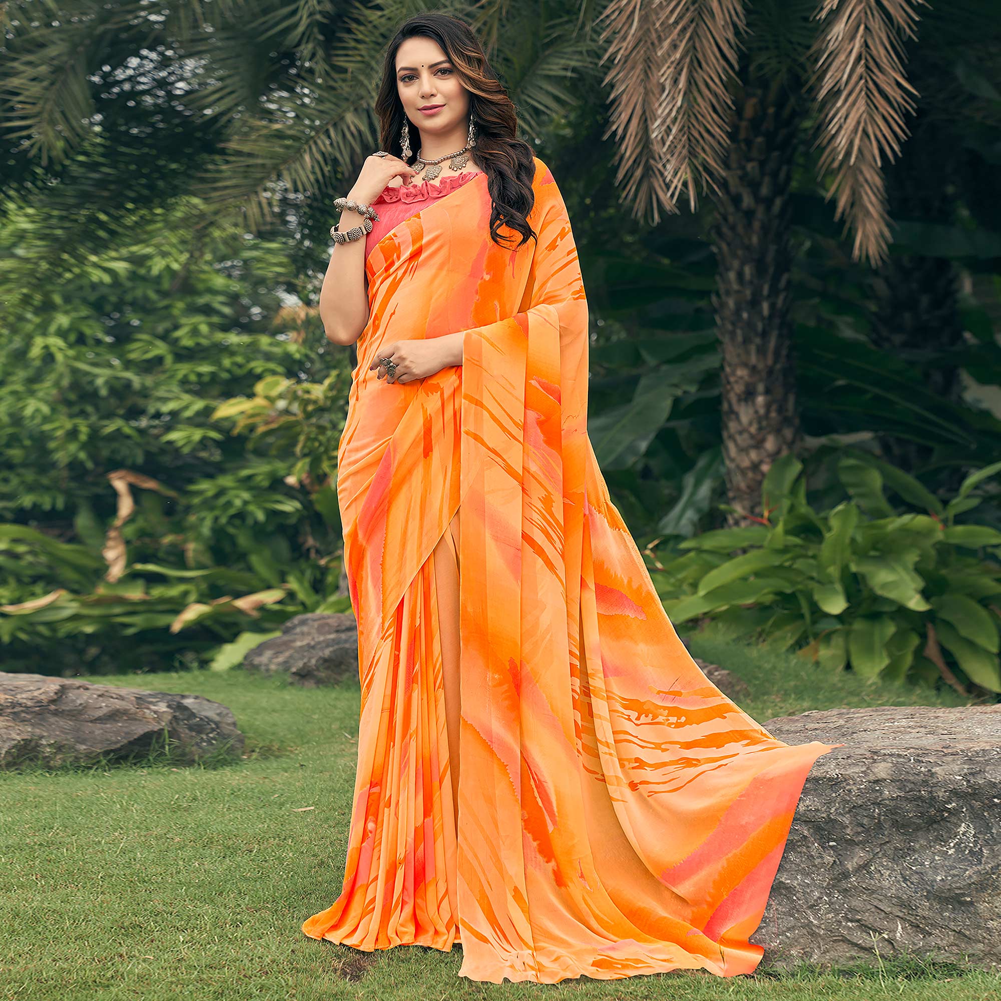 Orange Printed Georgette Saree