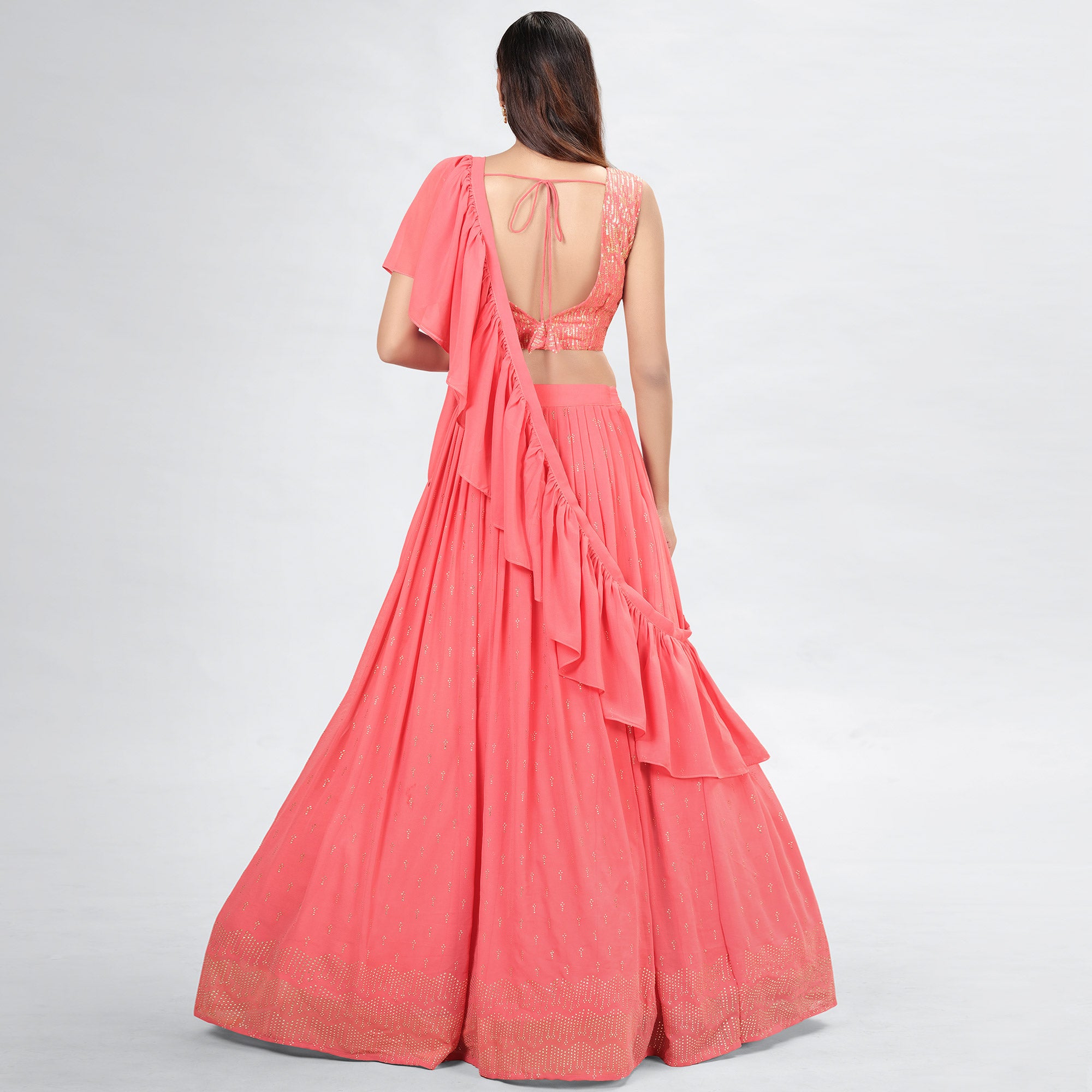 Coral pink Embellished With Embroidered Georgette Lehenga Choli
