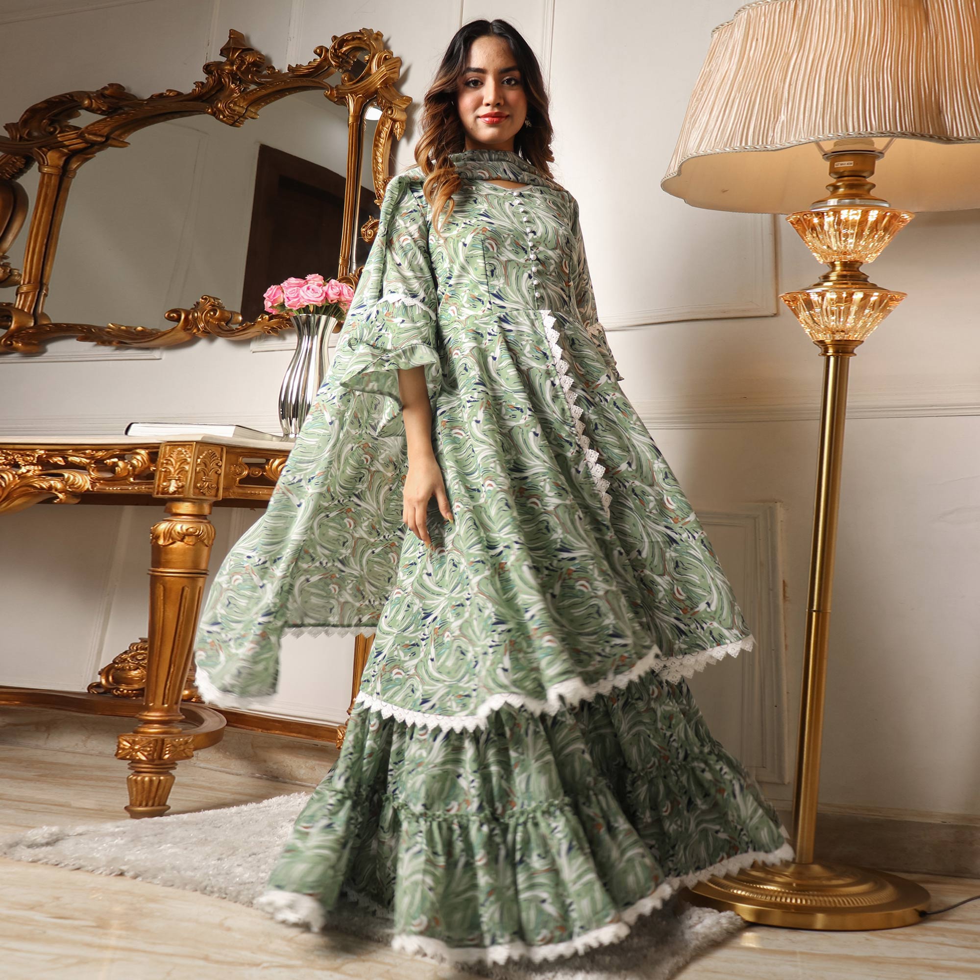 Green Printed Georgette Sharara Suit With Crosia border