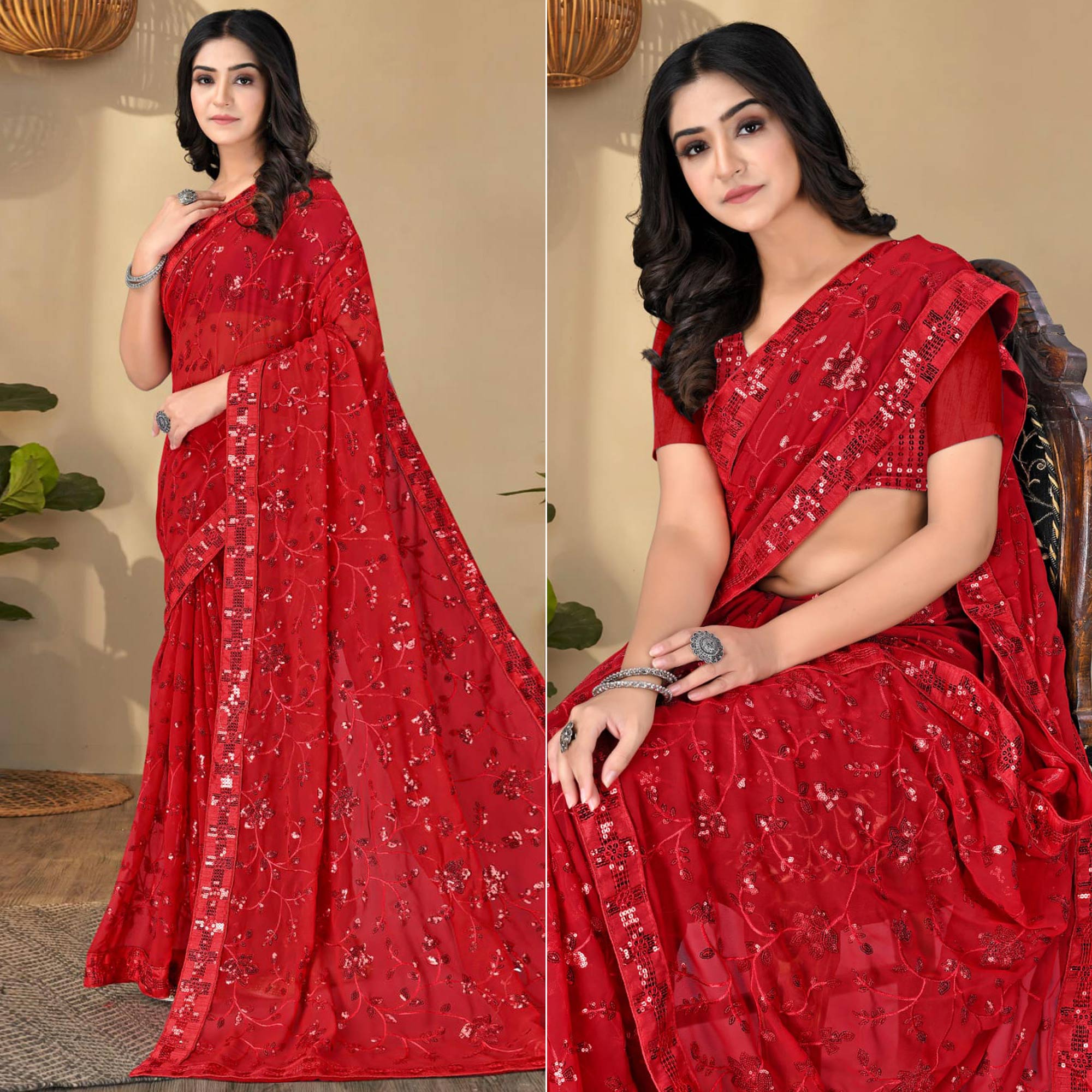 Red Sequins Embroidered Georgette Saree