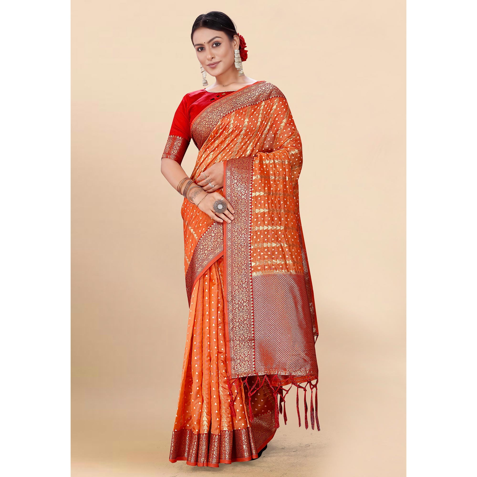 Orange Woven Organza Saree With Tassels