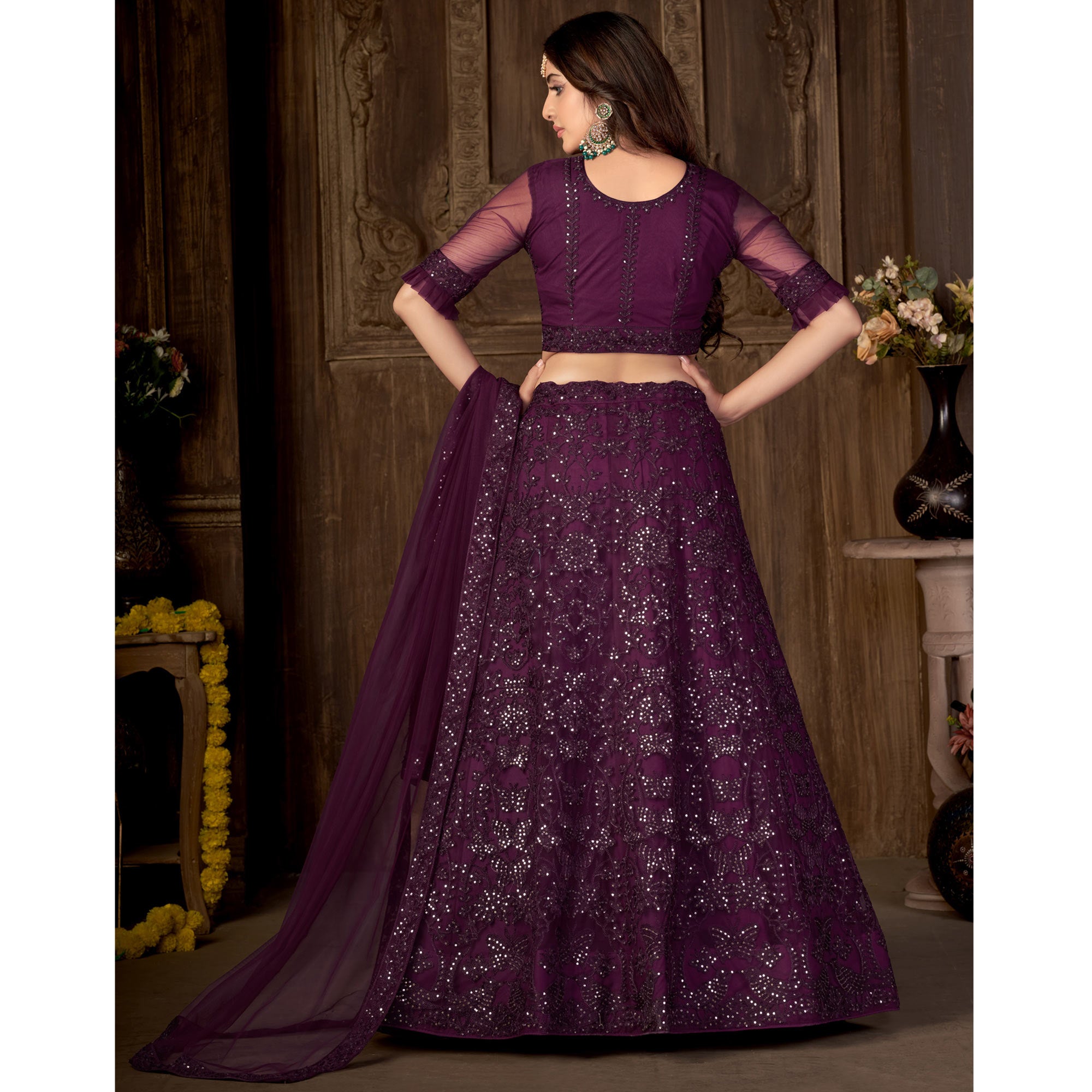 Wine Sequins Embroidered Netted Lehenga Choli