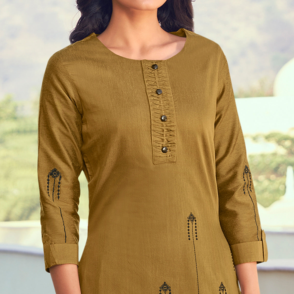 Brown Embroidered Art Silk Kurti Pant Set