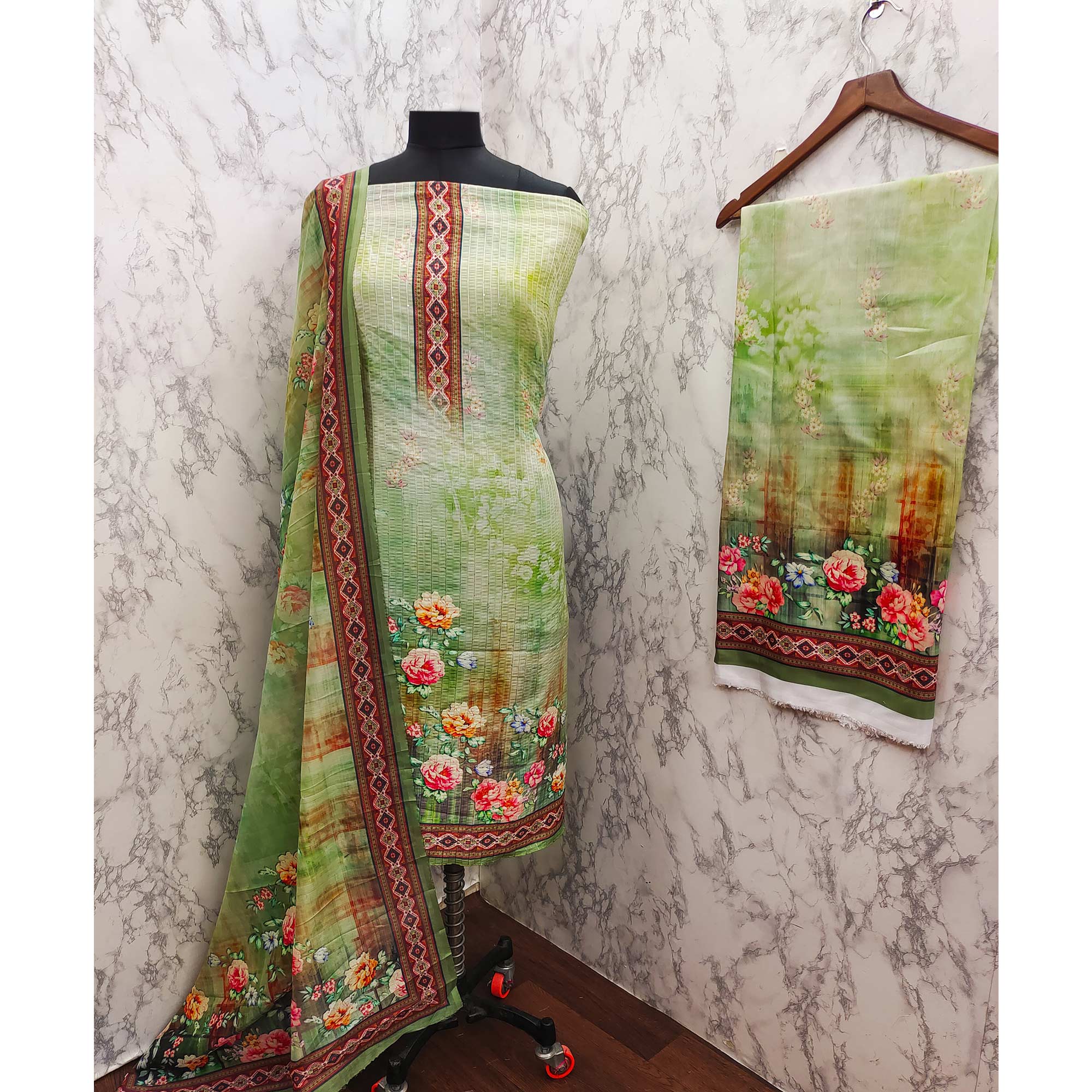 Green Floral Digital Printed Muslin Dress Material