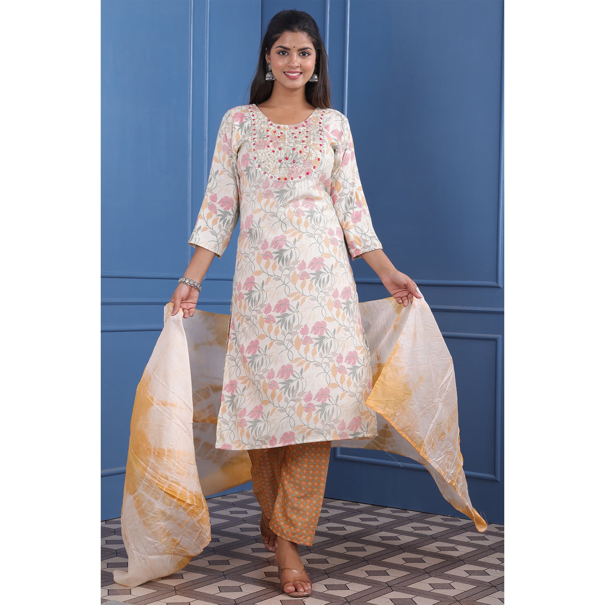 White Floral Printed With Embroidered Rayon Suit