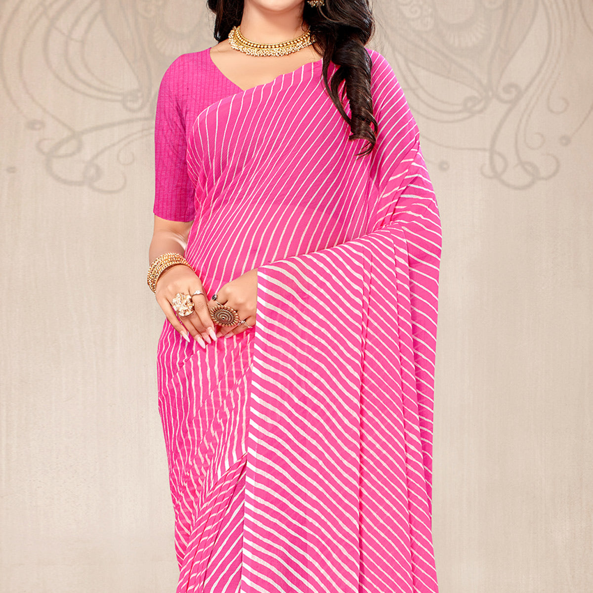 Pink Striped Printed Chiffon Saree