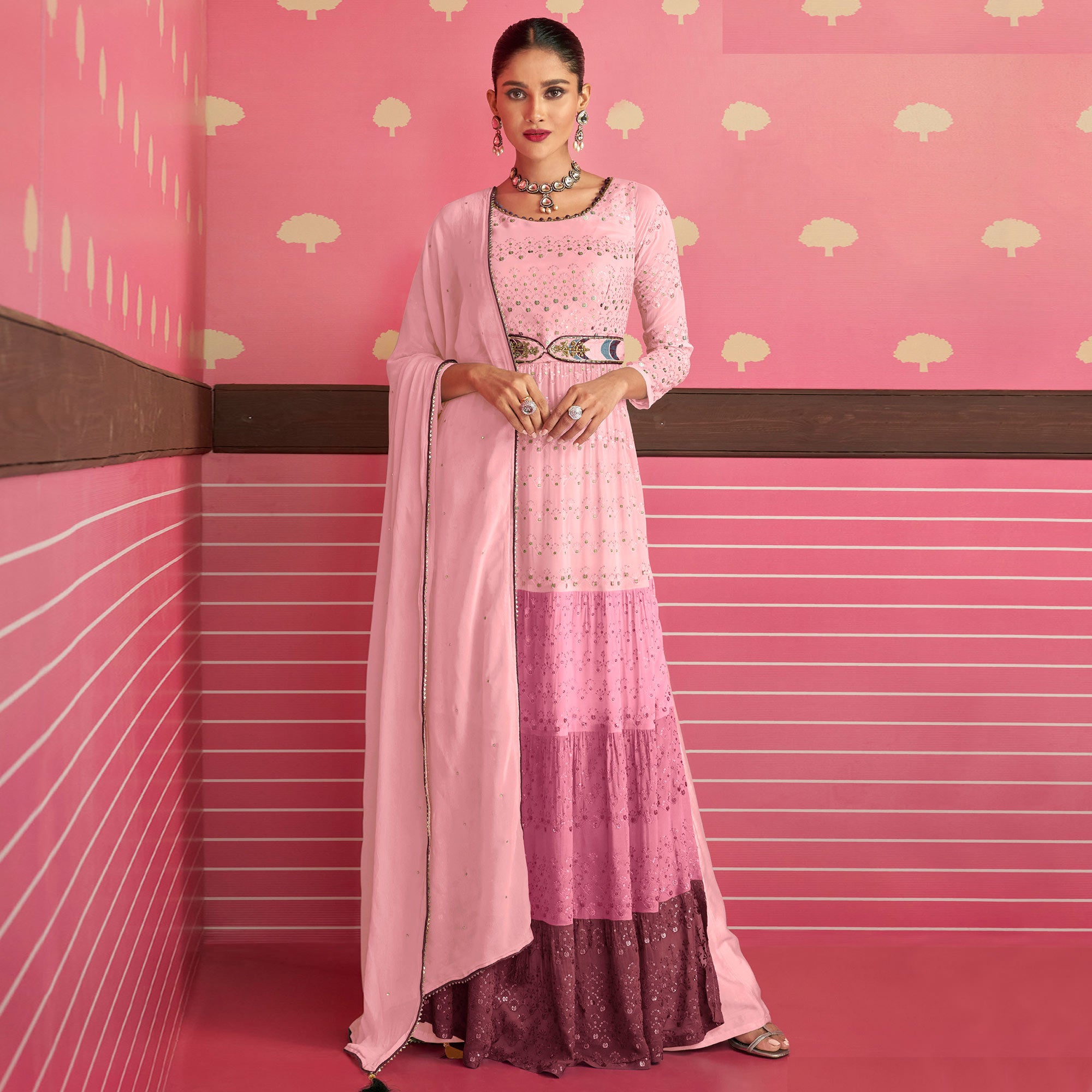 Pink Sequins Embroidered Georgette Naira Cut Suit