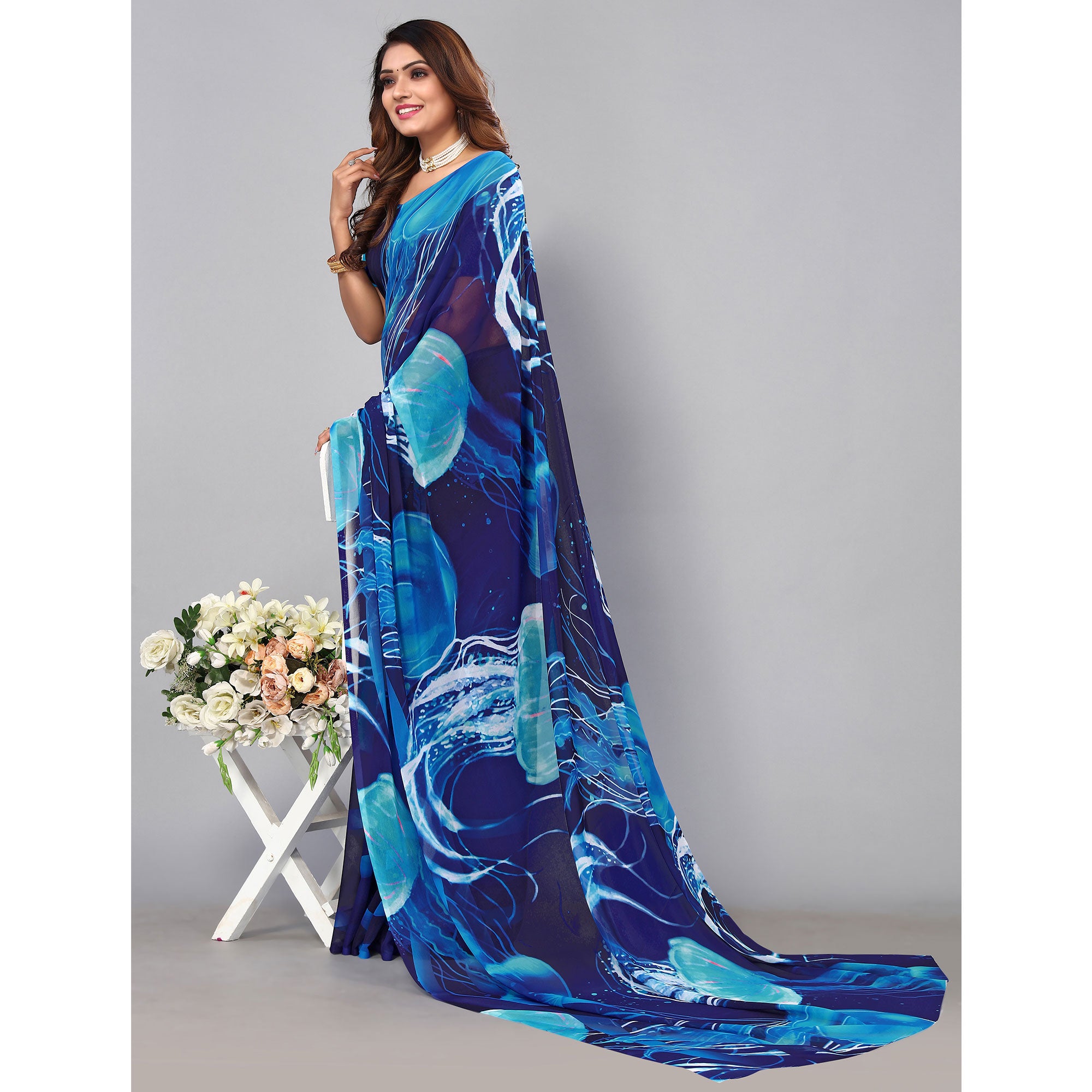 Blue Digital Printed Georgette Saree