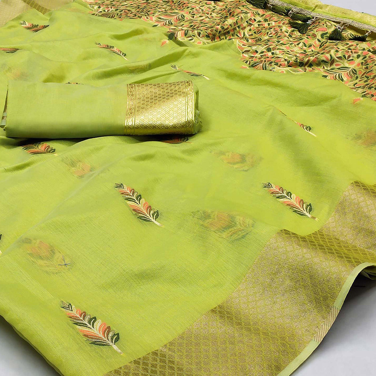 Green Woven Art Silk Saree With Tassels