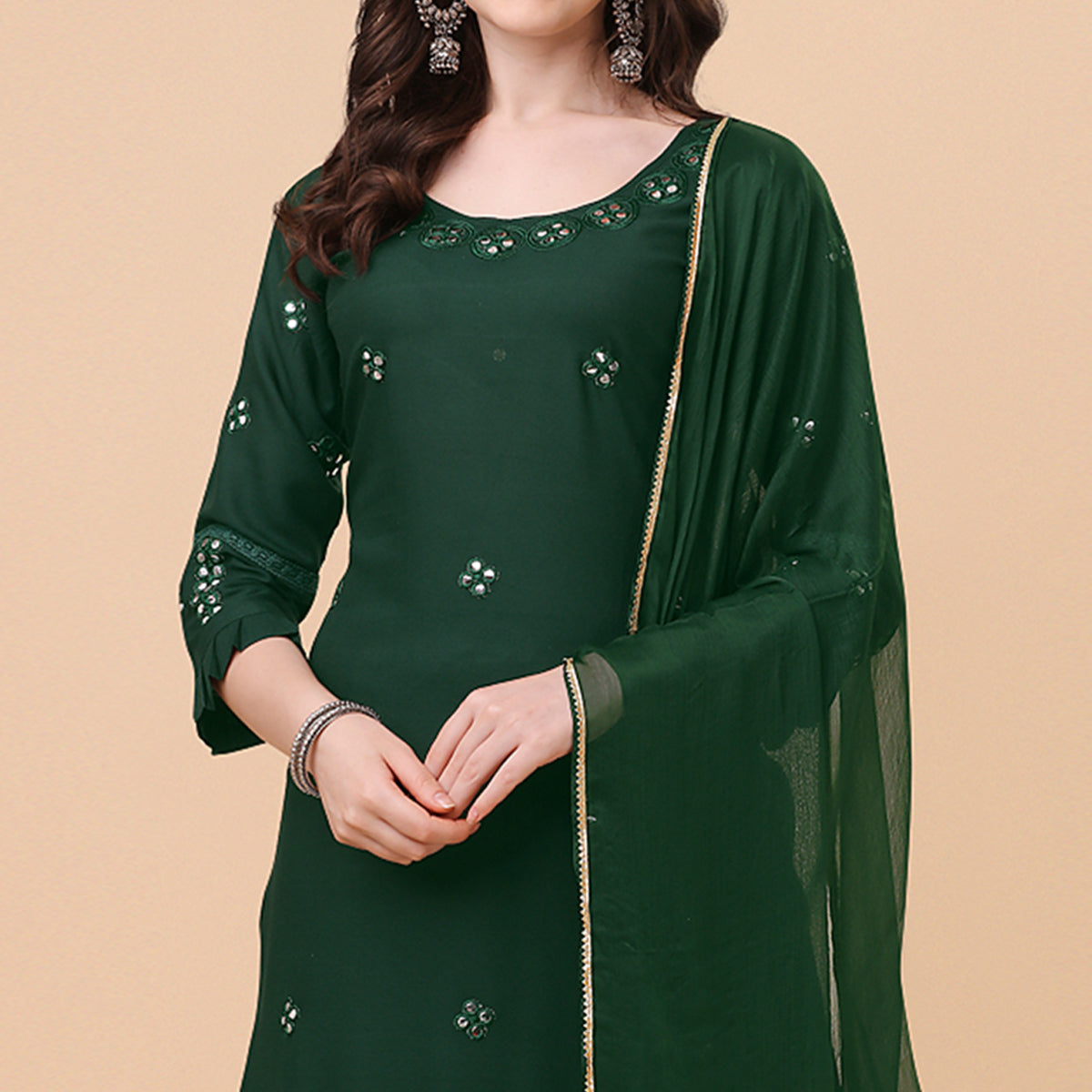 Green Embroidered Rayon Salwar Suit