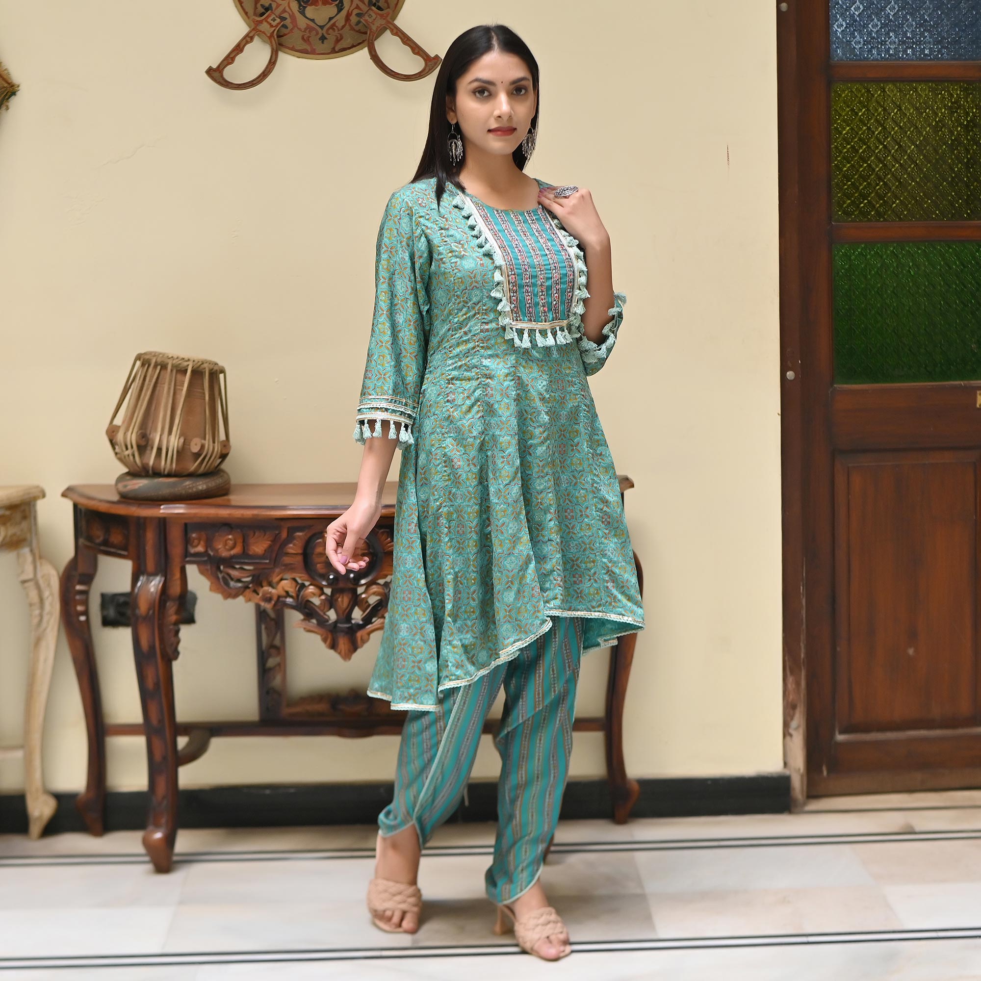 Sea Green Printed Muslin Kurti With Dhoti Set