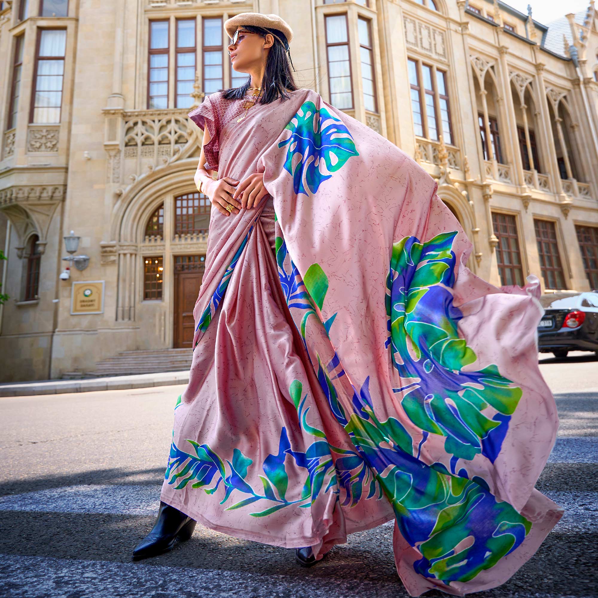 Pink Printed Crepe Saree