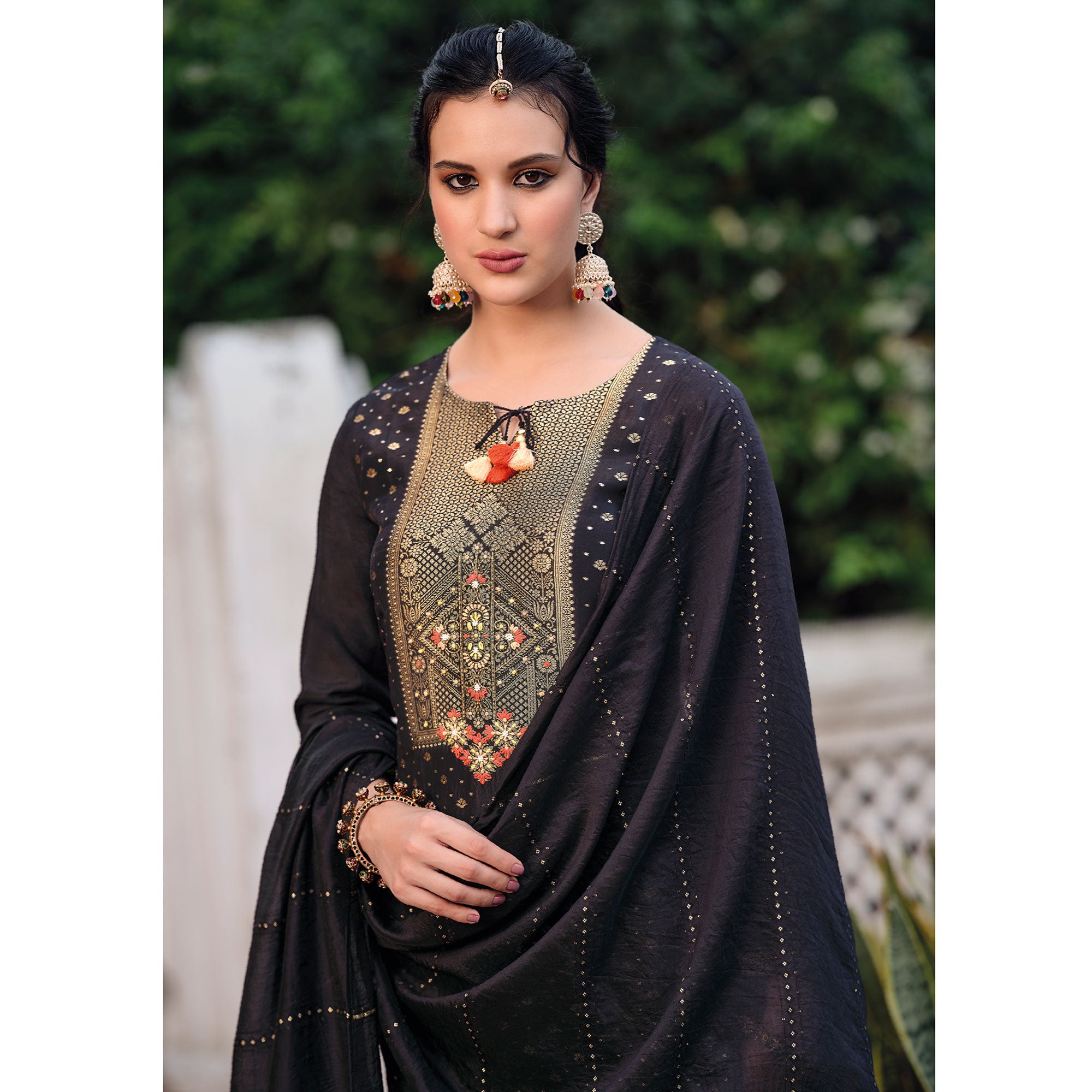 Black Floral Woven Muslin Salwar Suit