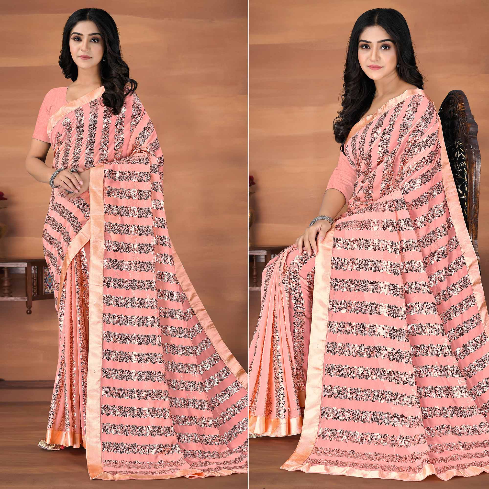 Pink Sequins Embroidered Georgette Saree