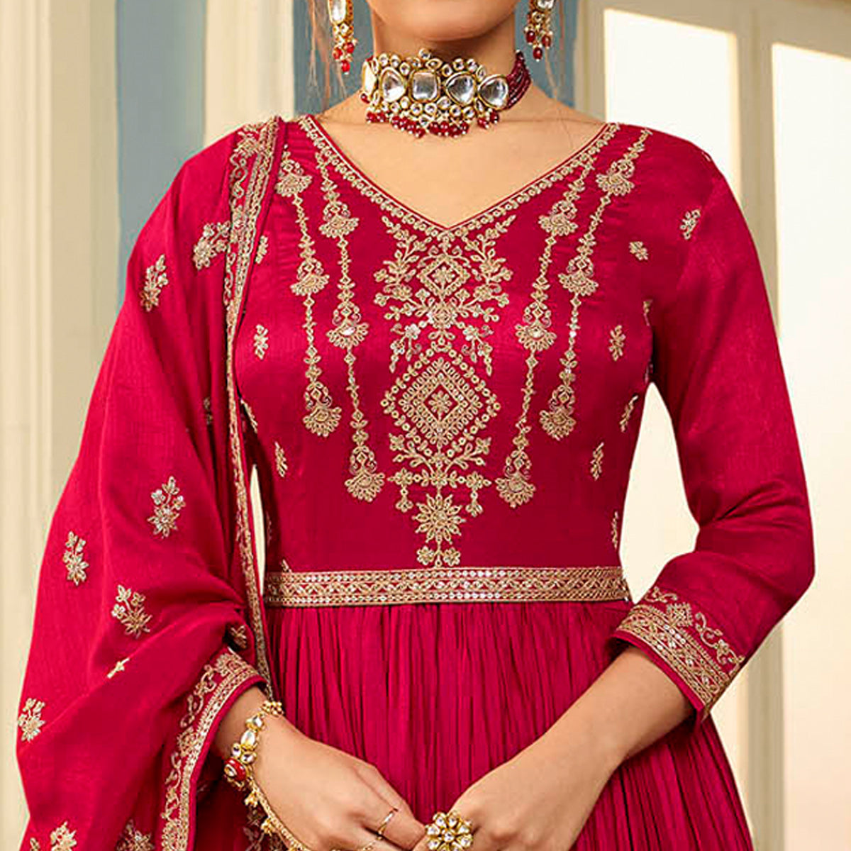 Magenta Pink Embroidered Georgette Gown