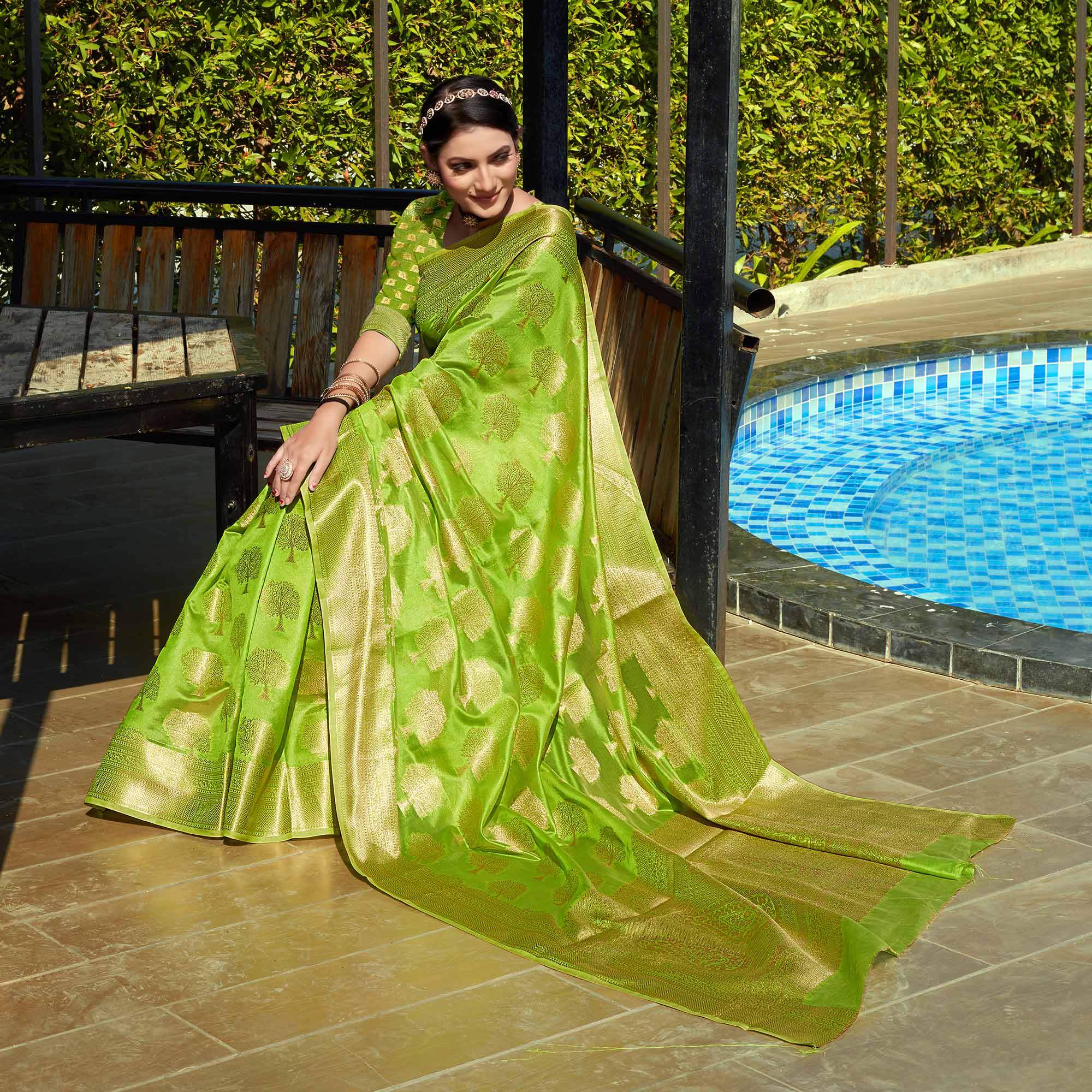 Parrot Green Woven Organza Saree