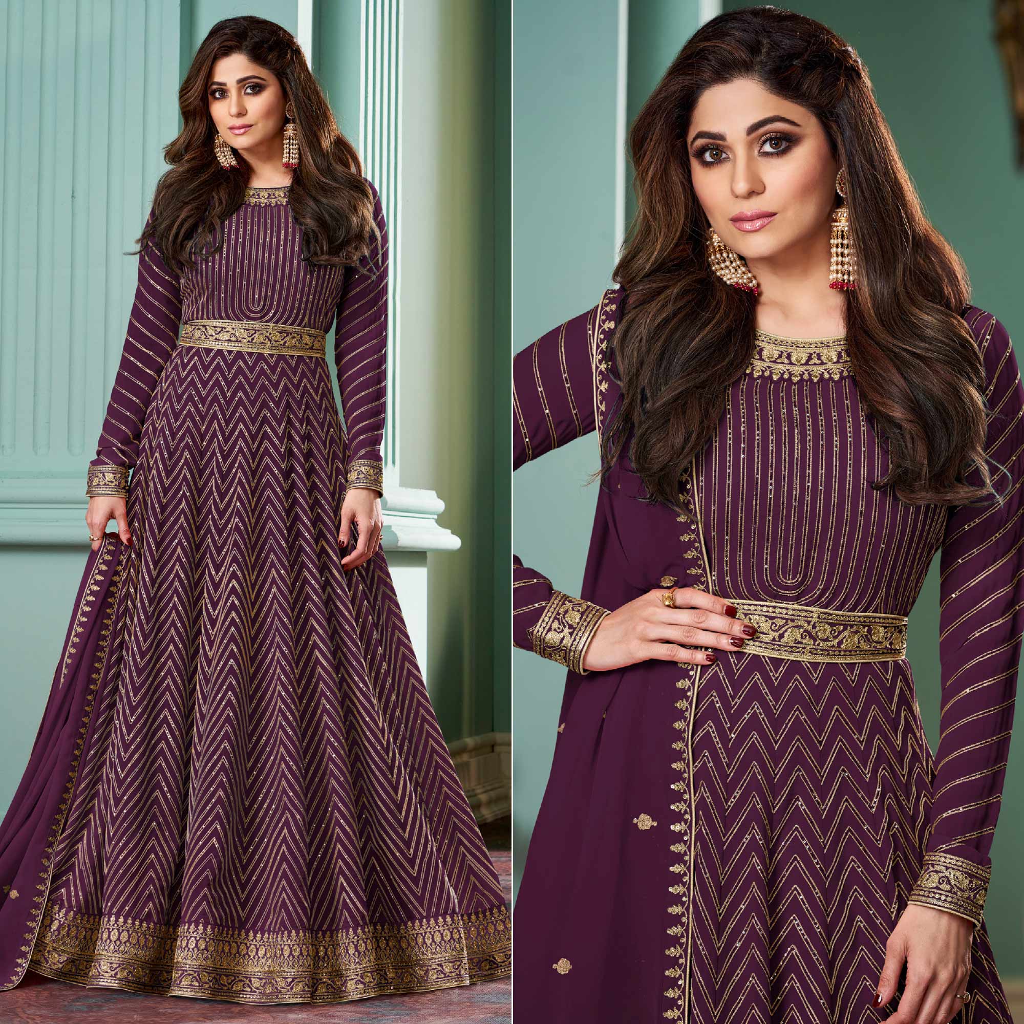 Purple Sequins Embroidered Georgette Gown