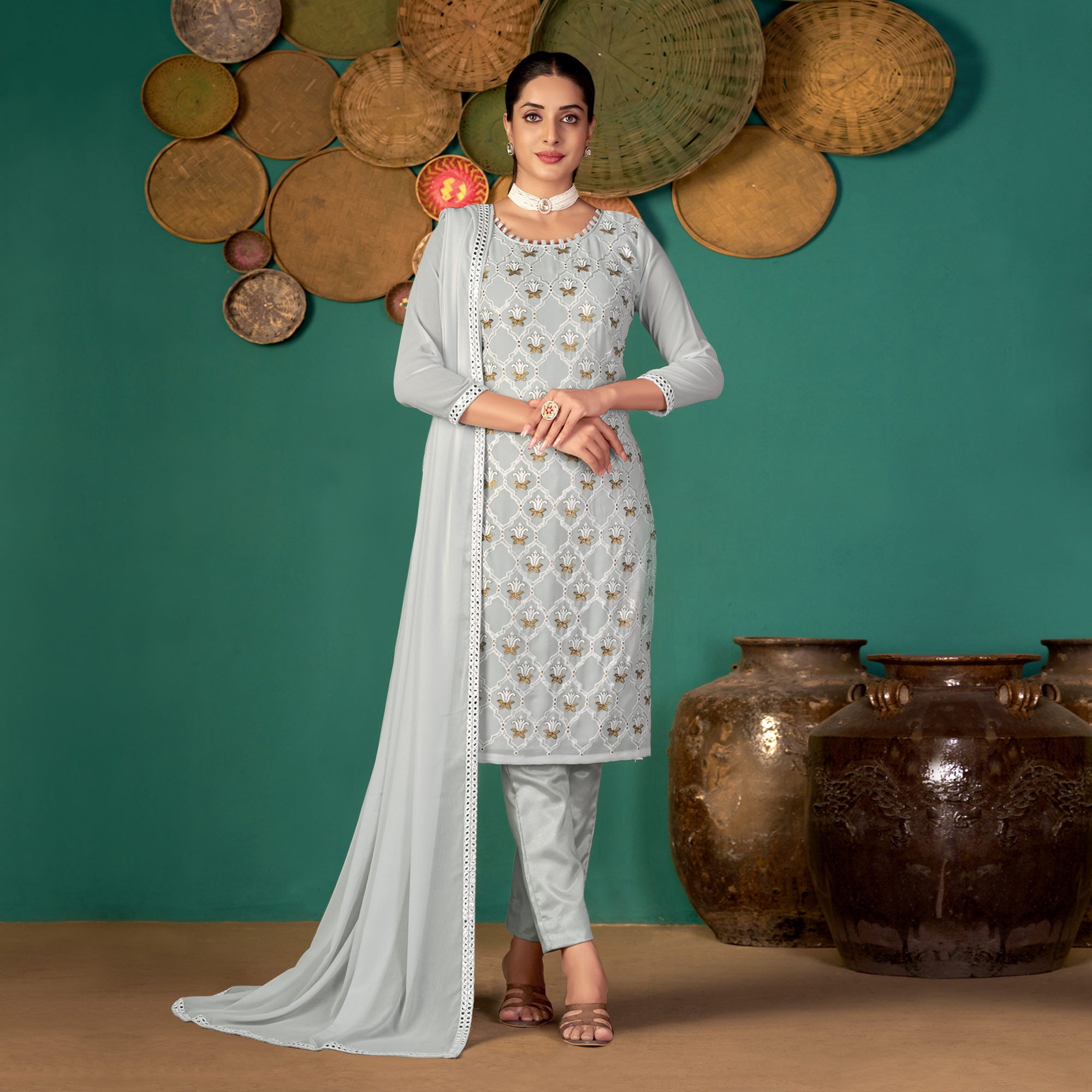 Grey Floral Embroidered Georgette Suit