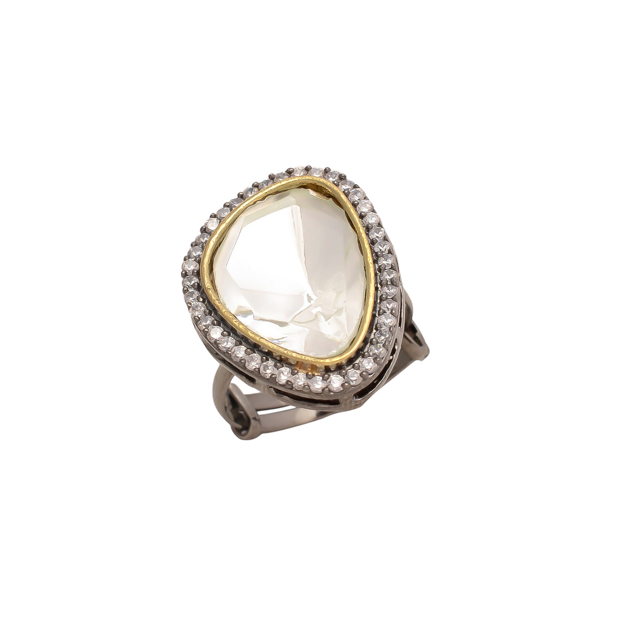 Black Polish Single Kundan Stone And American Diamond Adjustable Ring