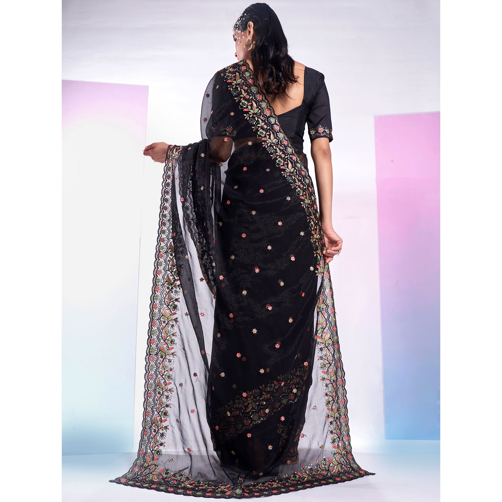 Black Floral Embroidered Georgette Saree