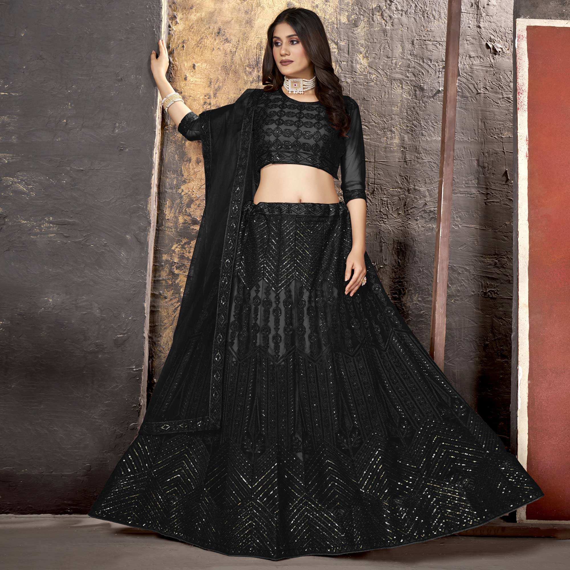 Black Sequins Embroidered Net Lehenga Choli