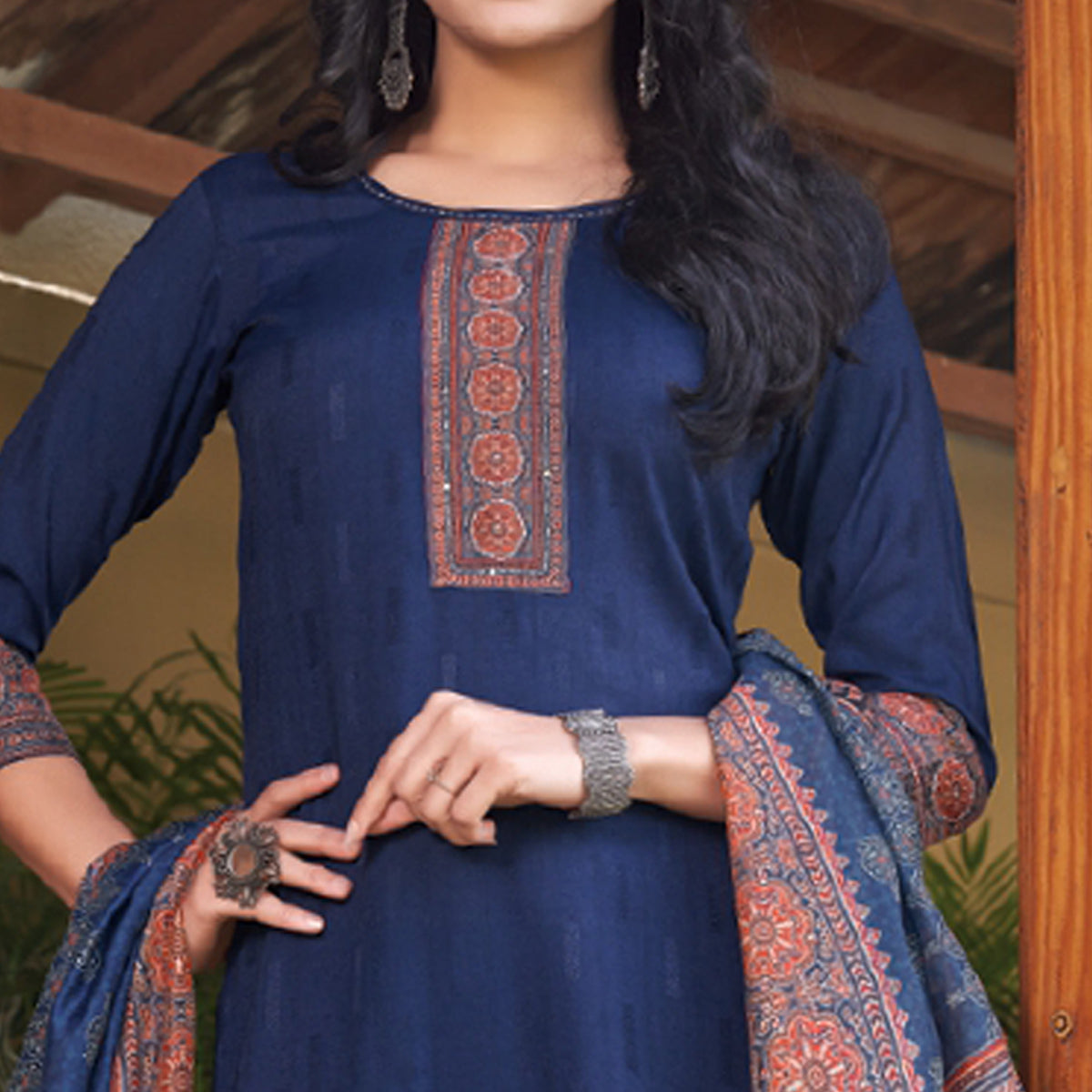 Blue Embroidered Rayon Kurti With Dupatta