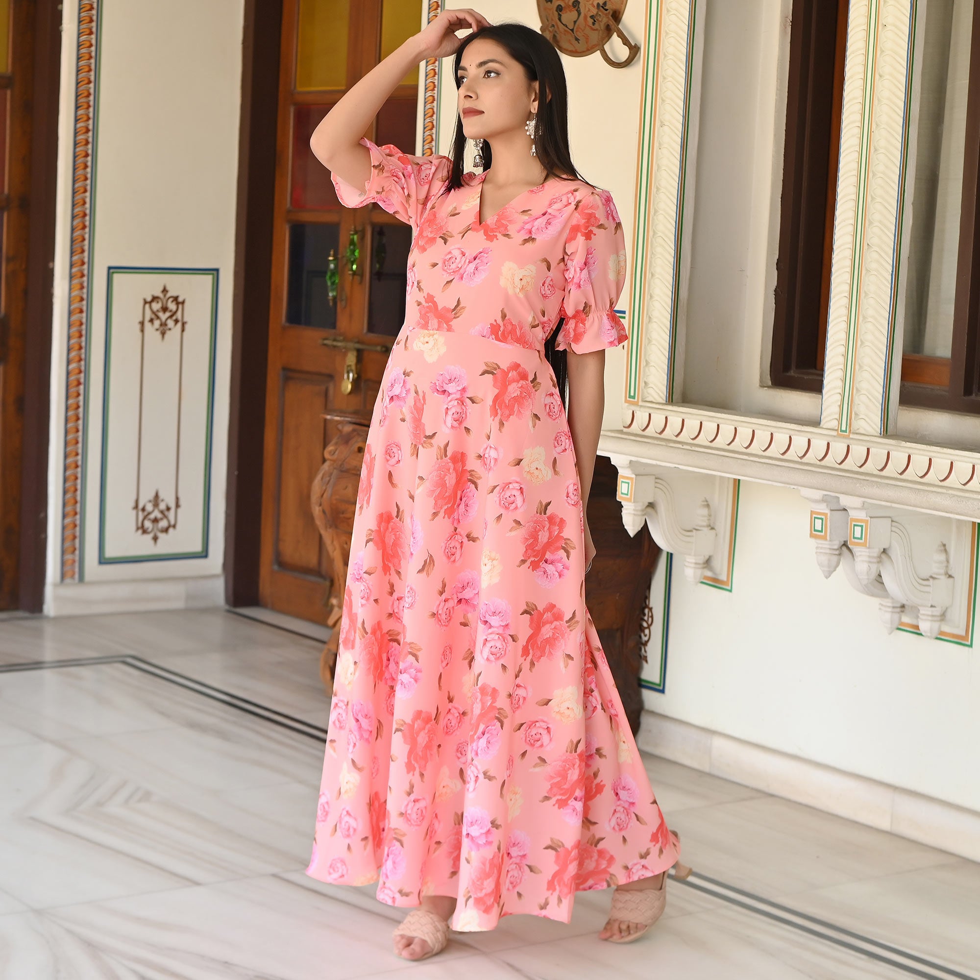 Peach Digital Printed Georgette Gown