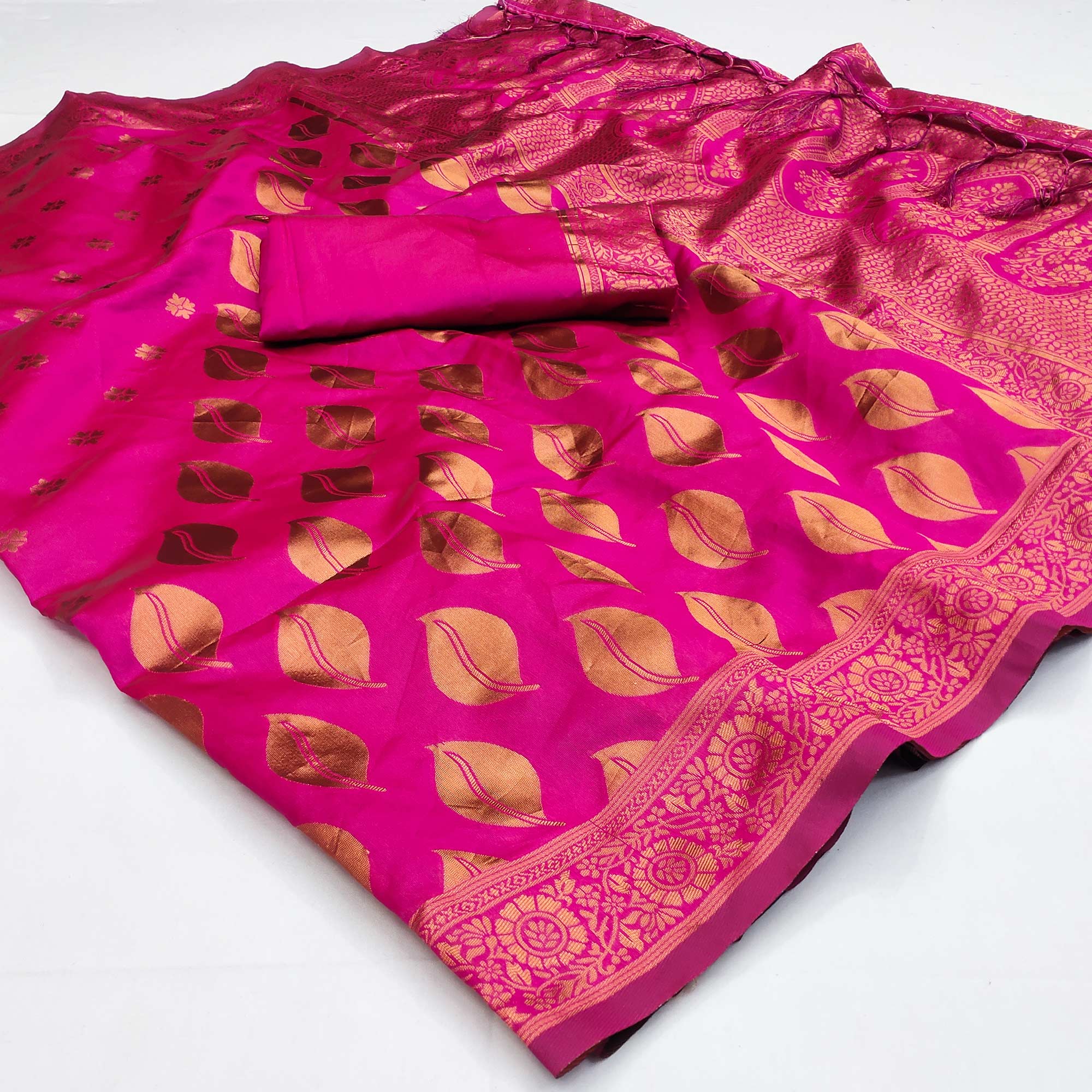 Pink Woven Art Silk Saree With Tassels