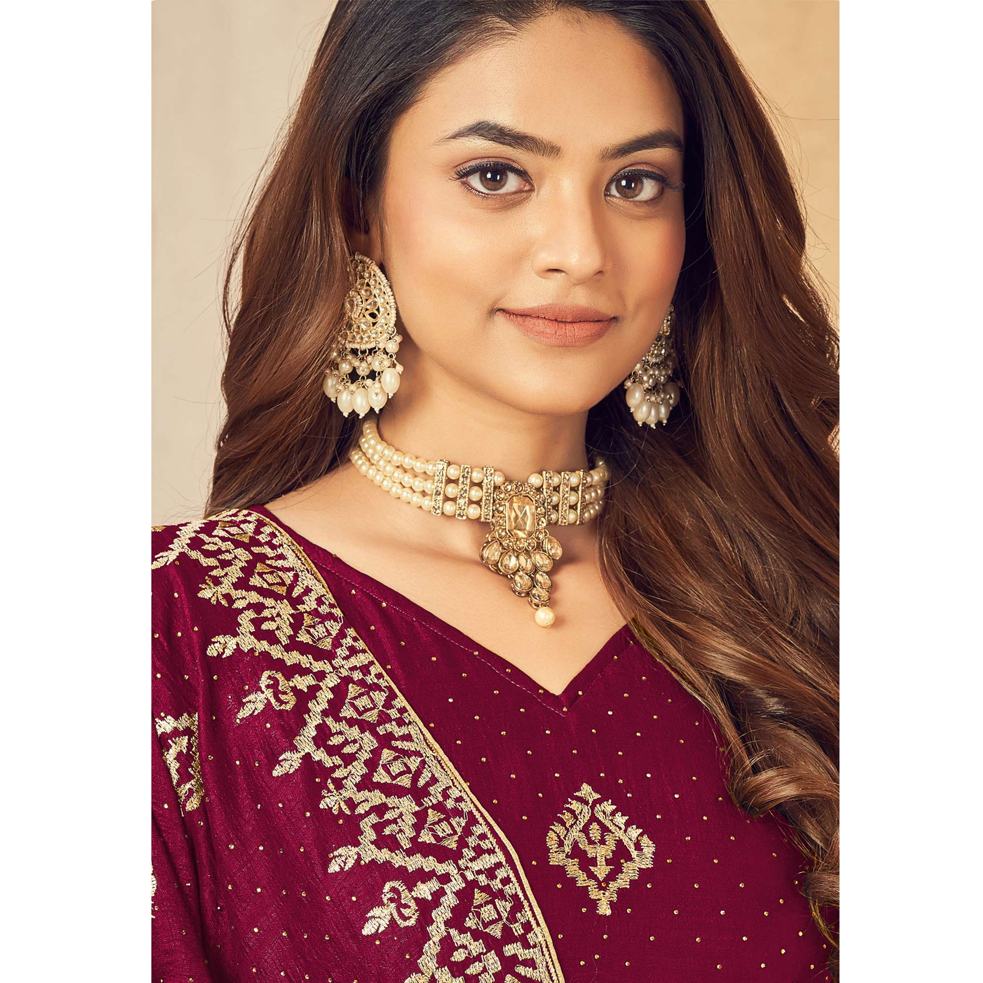 Wine Embroidered Vichitra Silk Suit