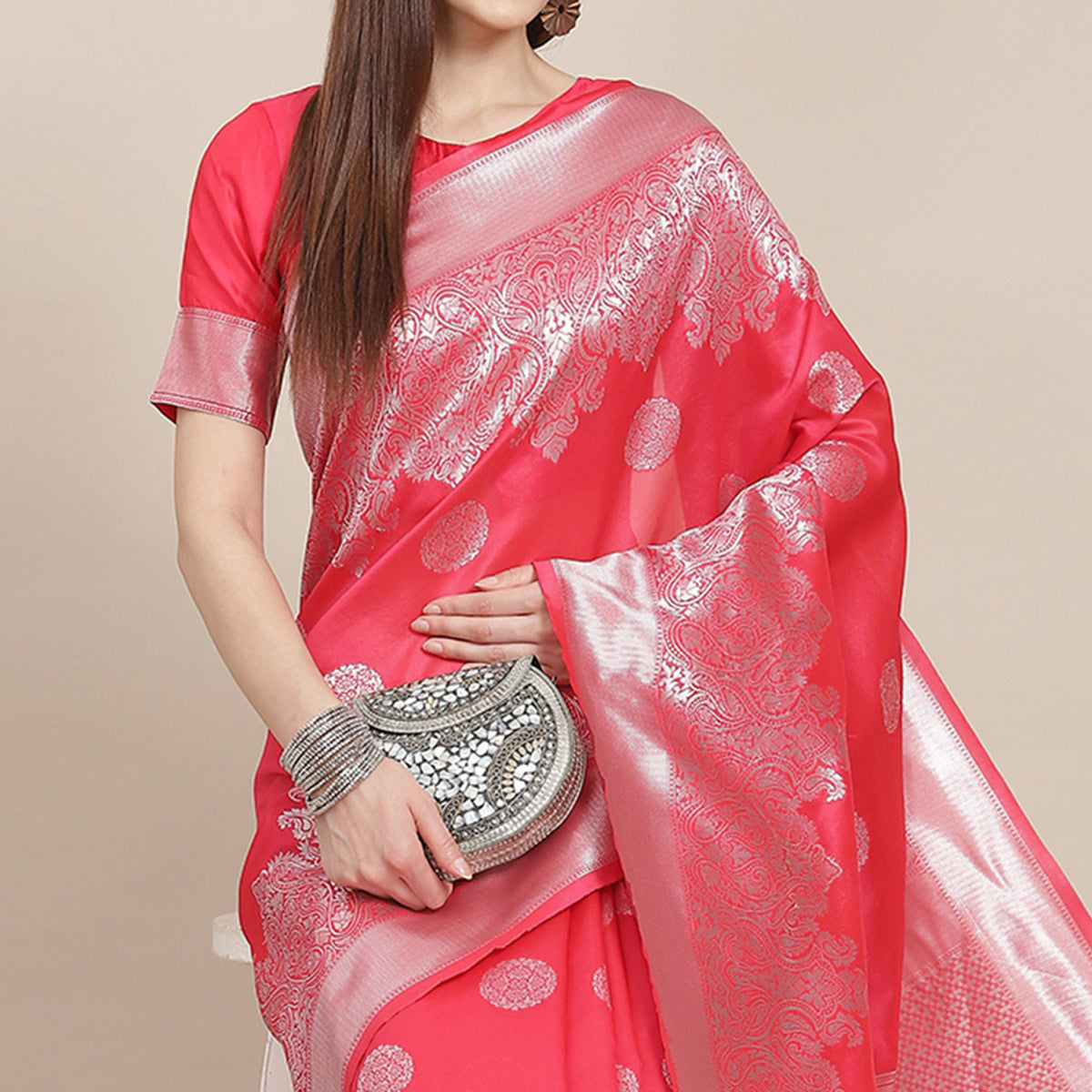 Pink Woven Banarasi Silk Saree