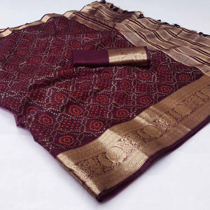 Wine Bandhani Printed Organza Saree With Tassels