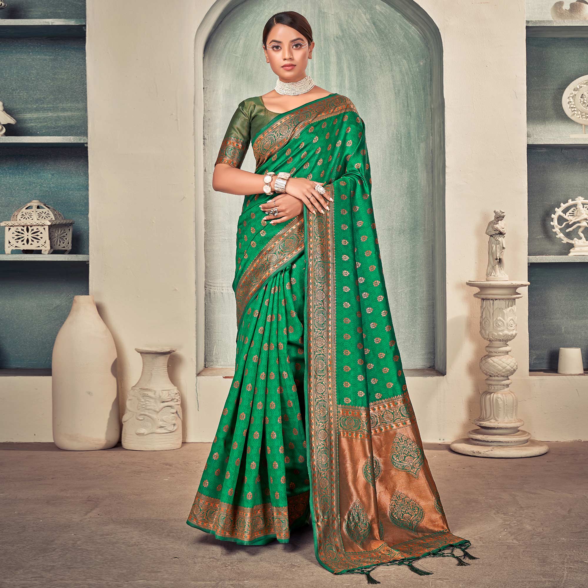 Green Woven Art Silk Saree With Tassels