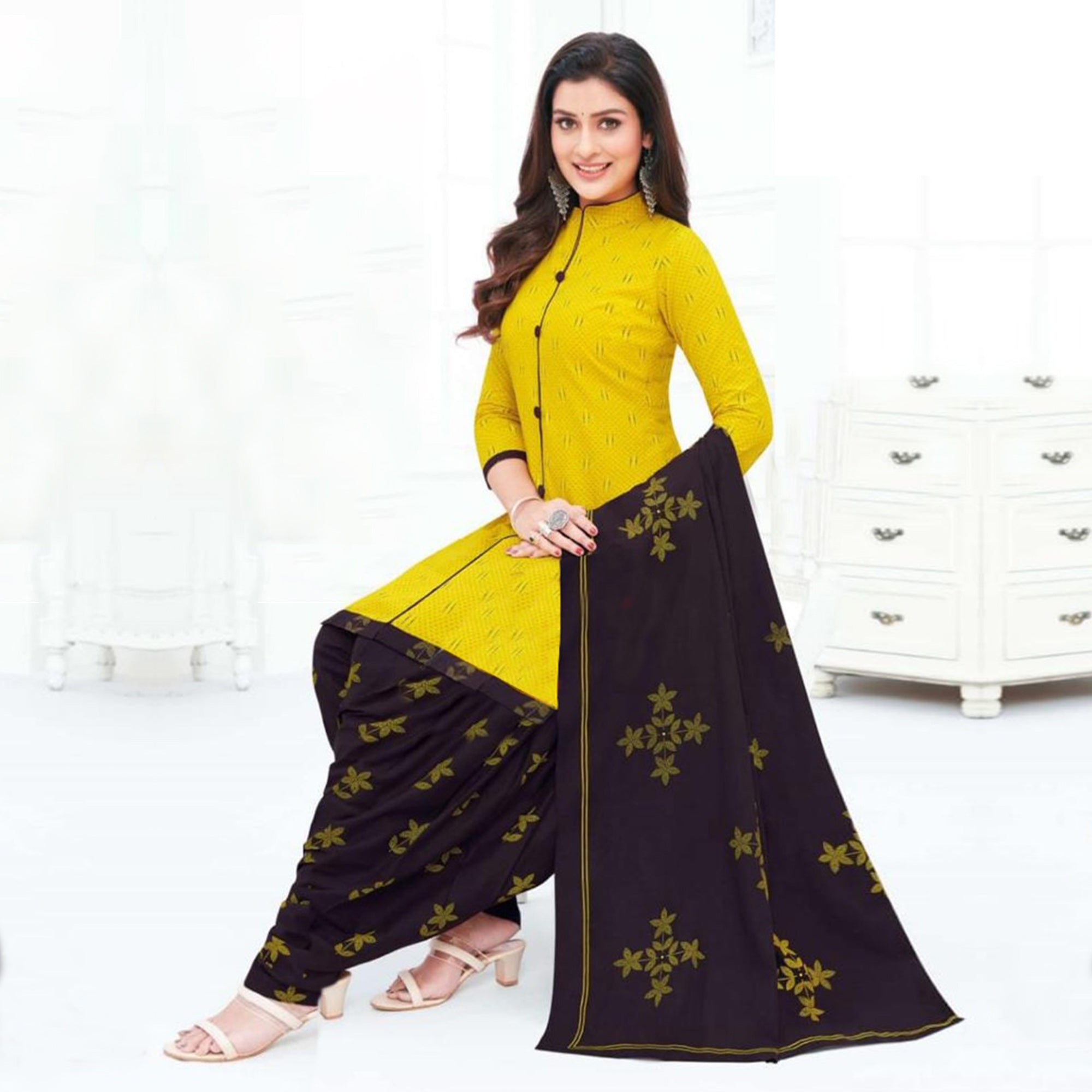 Yellow Printed Crepe Patiala Dress Material