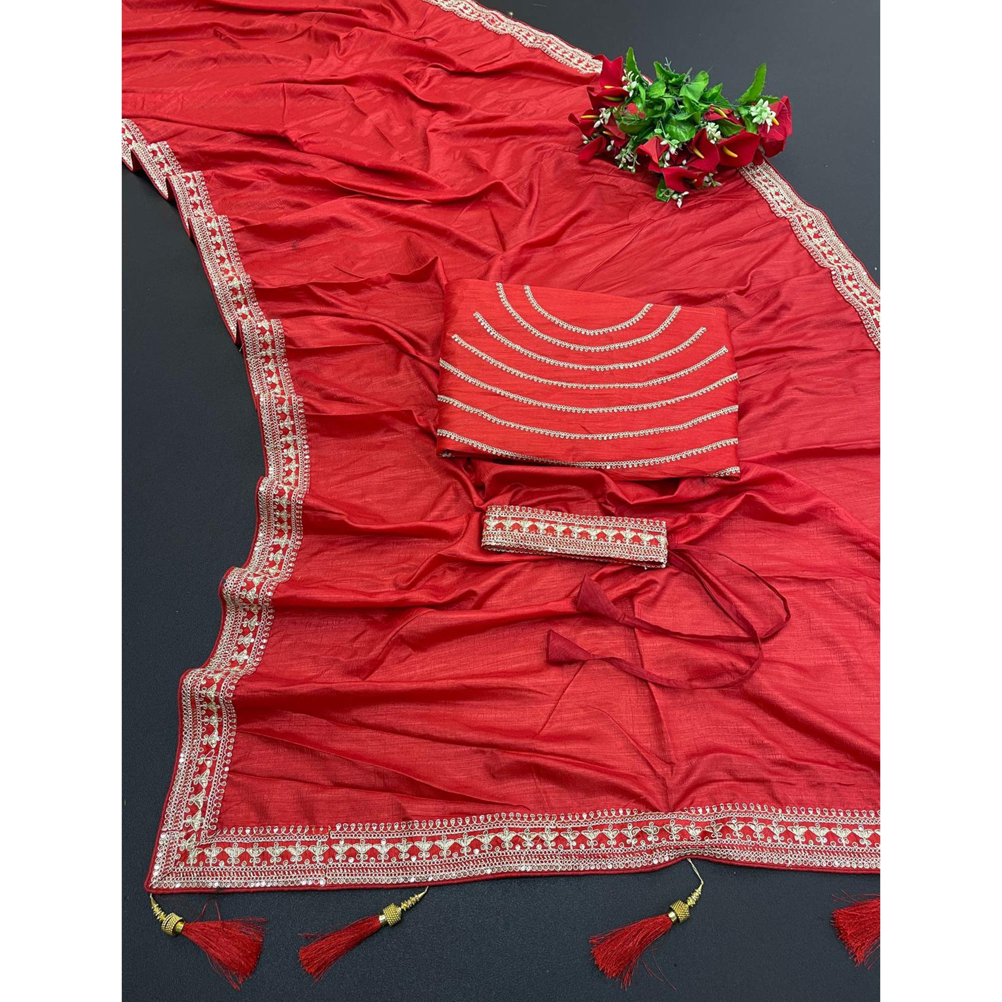 Red Sequins Embroidered Border Vichitra Silk Saree