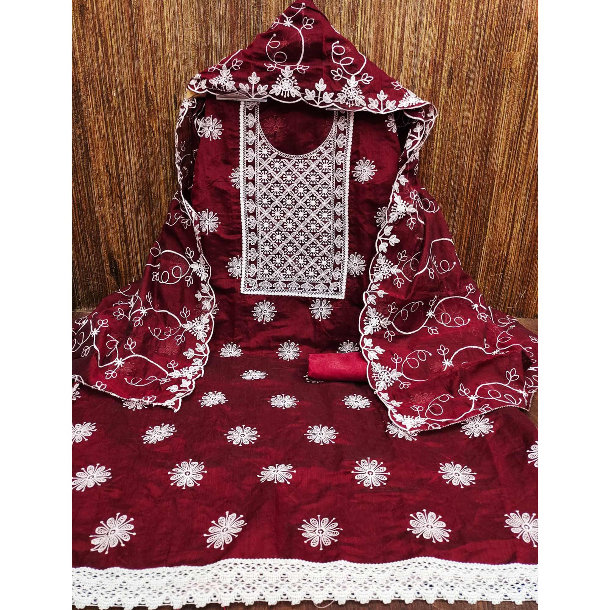 Maroon Floral Embroidered Chanderi Dress Material