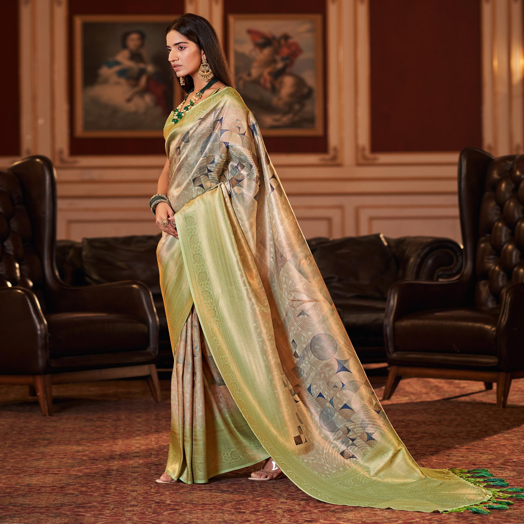 Beige & Pista Green Woven Jacquard Saree With Tassels