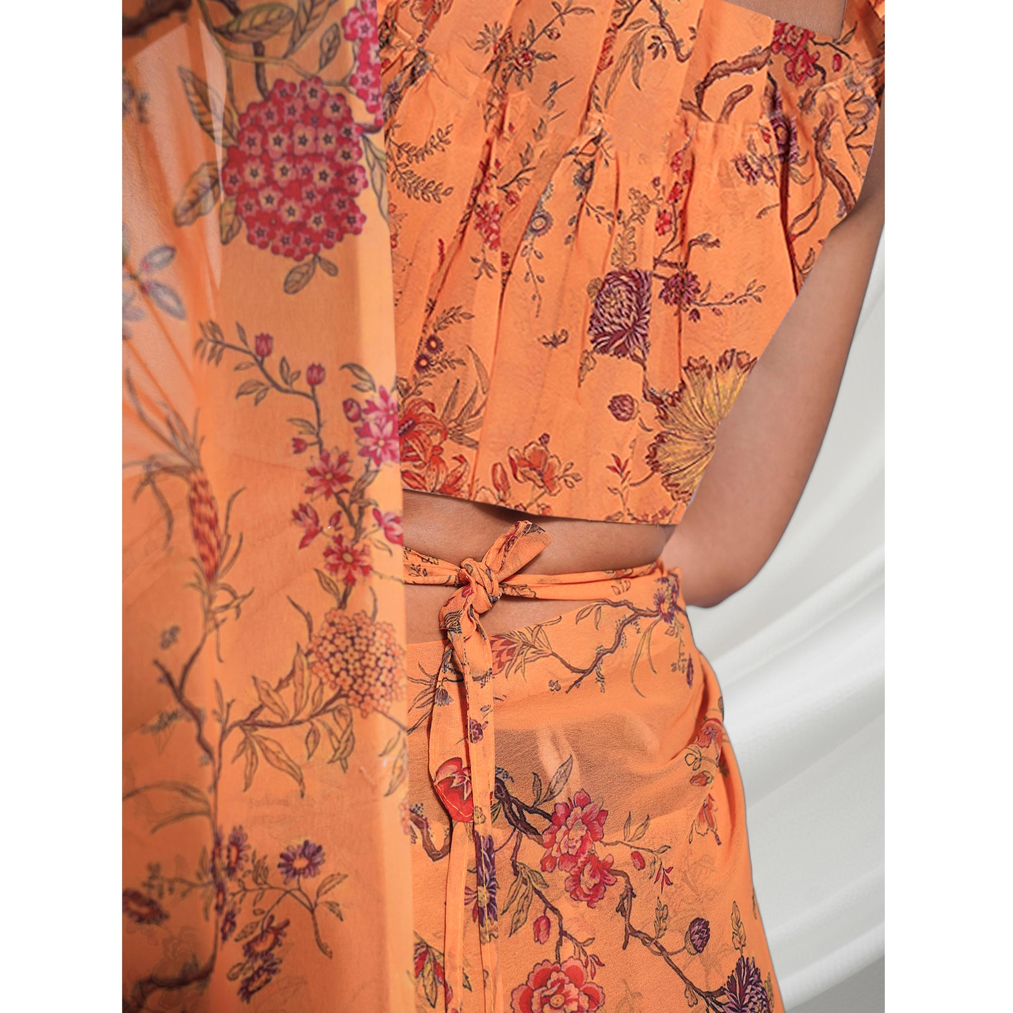 Orange Floral Printed Georgette Frill Saree
