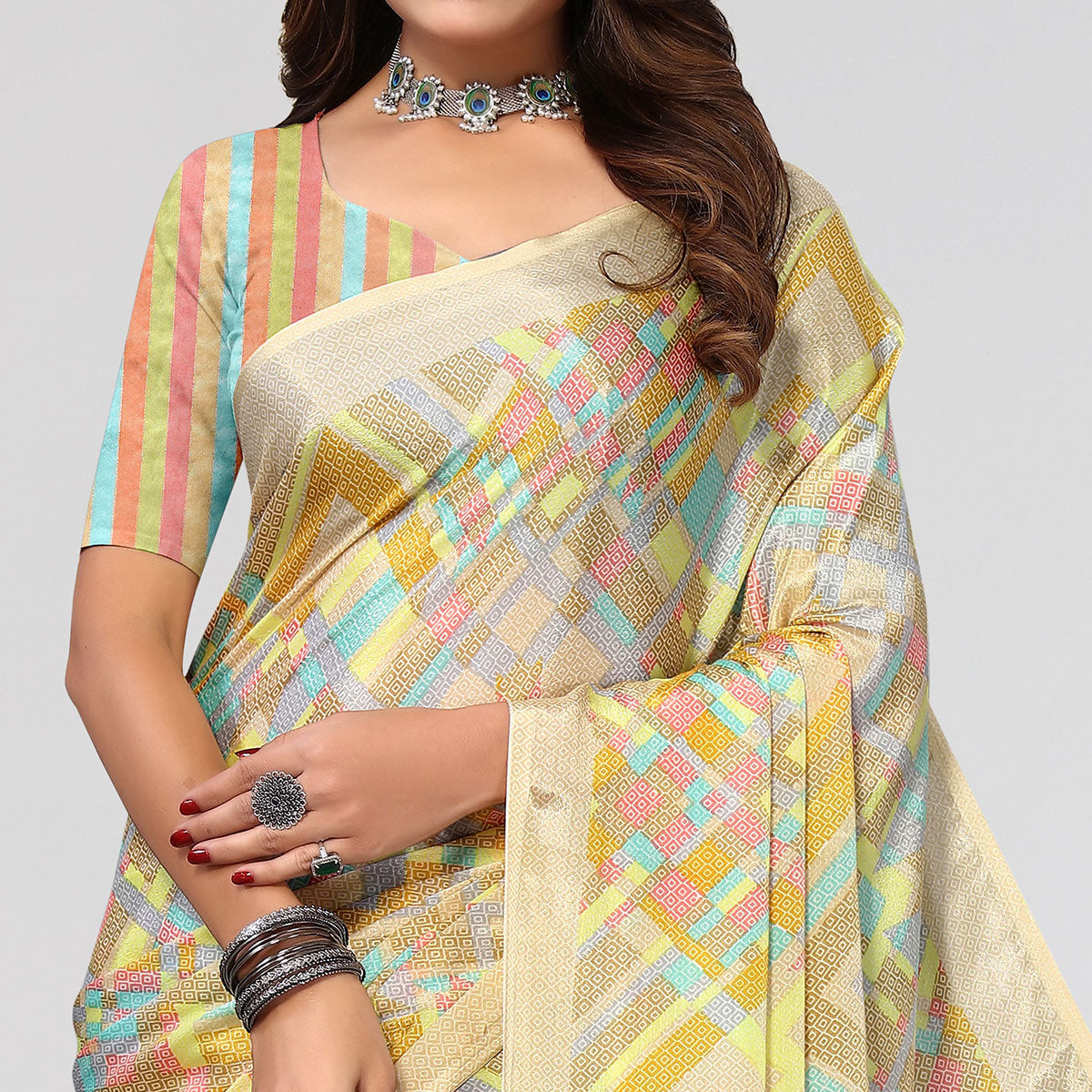 Beige Geometric Printed Chiffon Saree