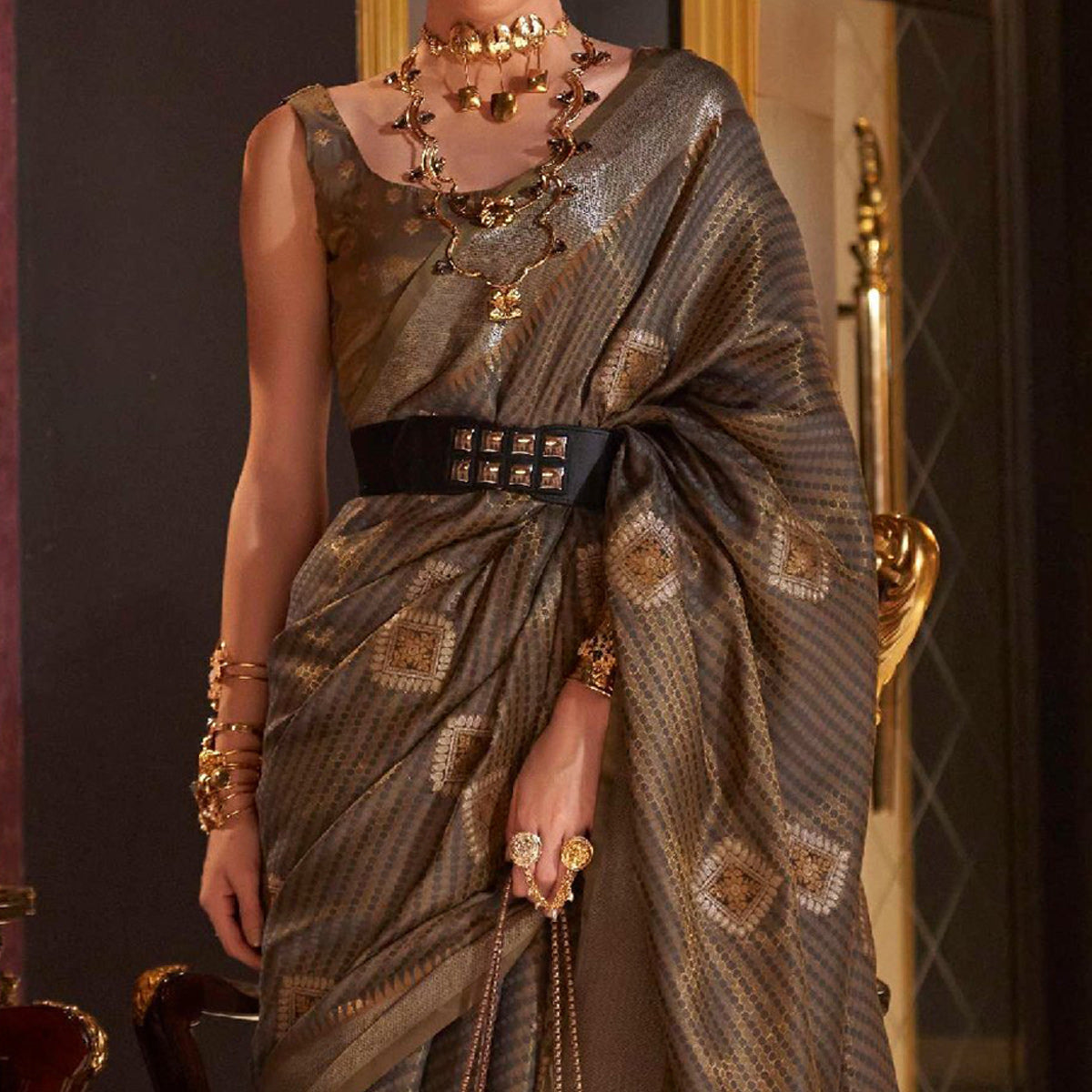 Brown Woven Art Silk Saree With Tassels