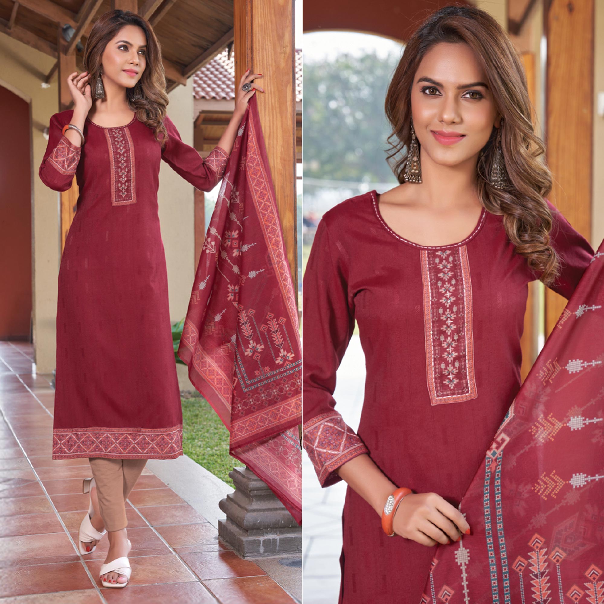 Maroon Embroidered Rayon Kurti With Dupatta