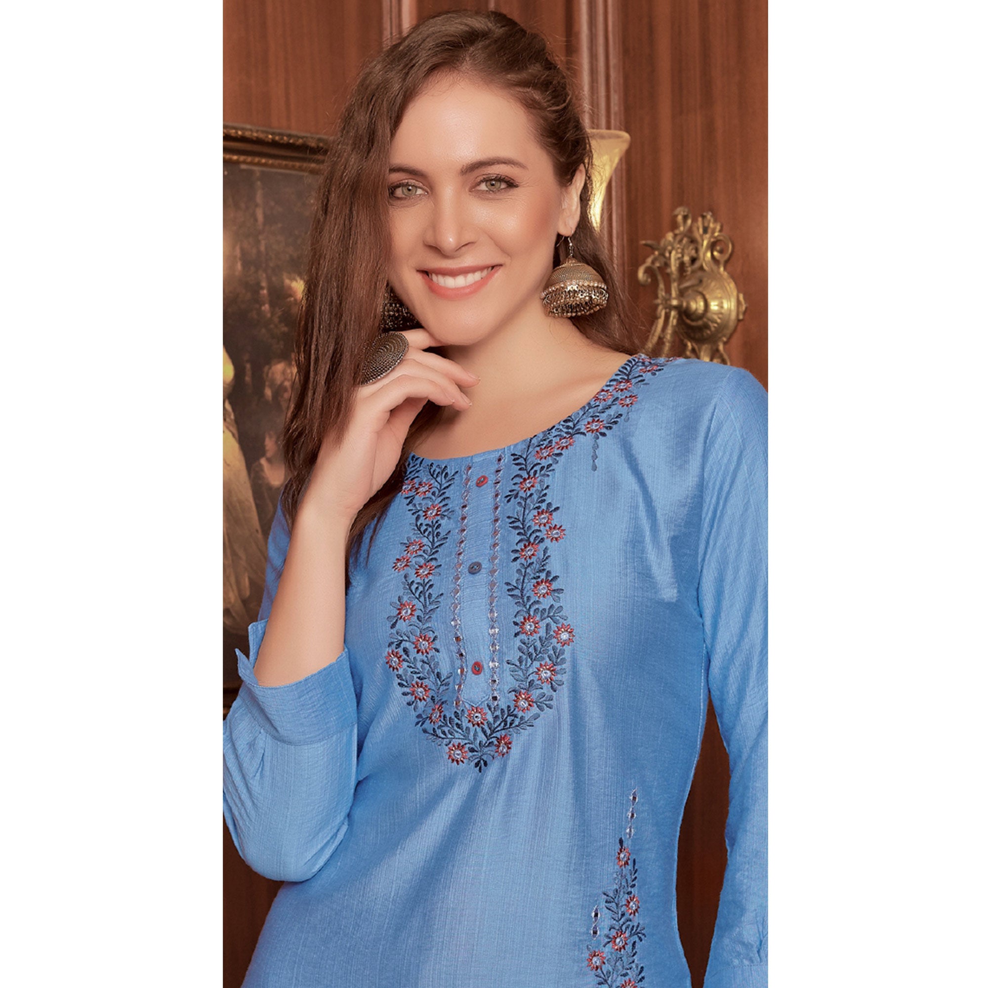 Blue Floral Embroidered Rayon Kurti