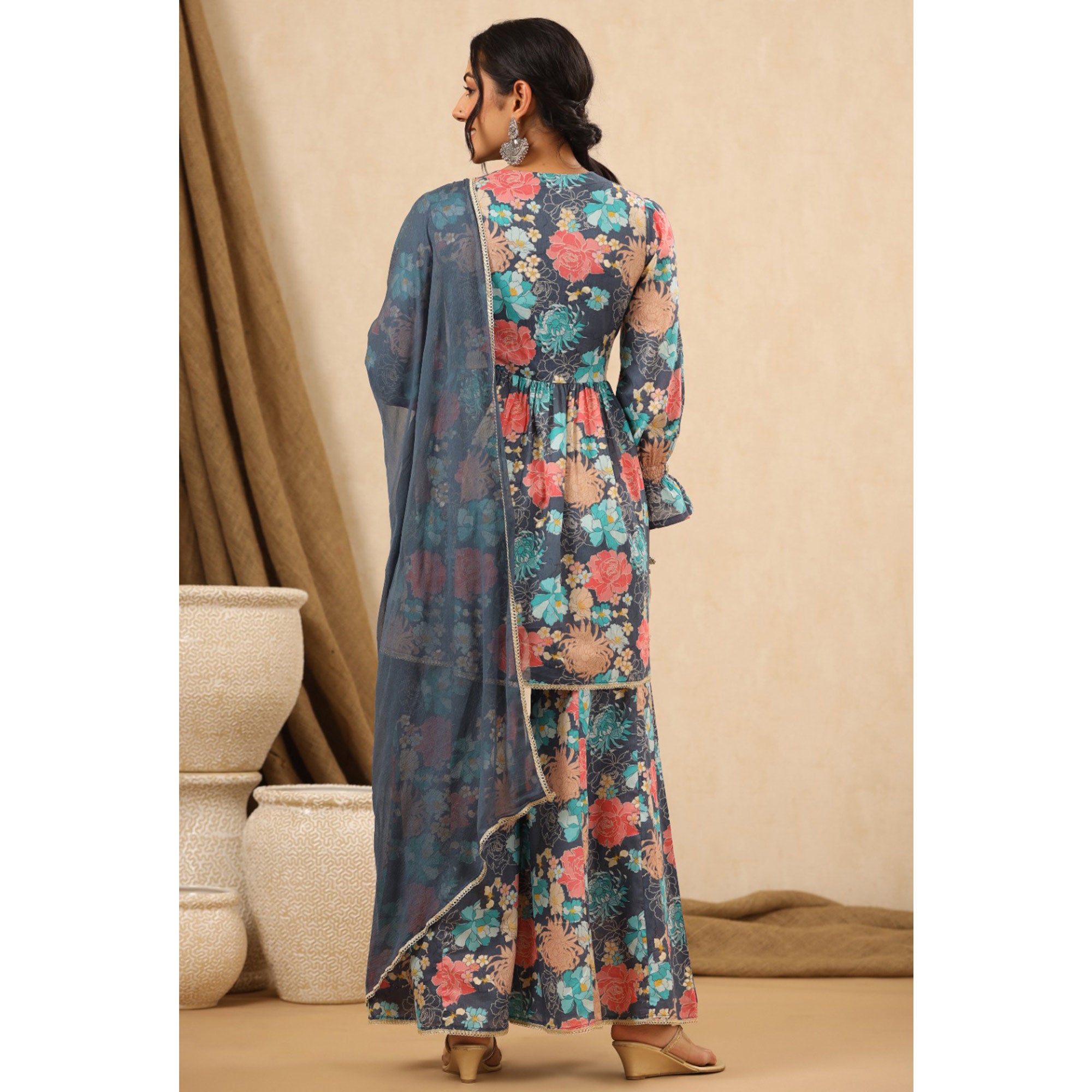 Grey Floral Printed Muslin Sharara Suit