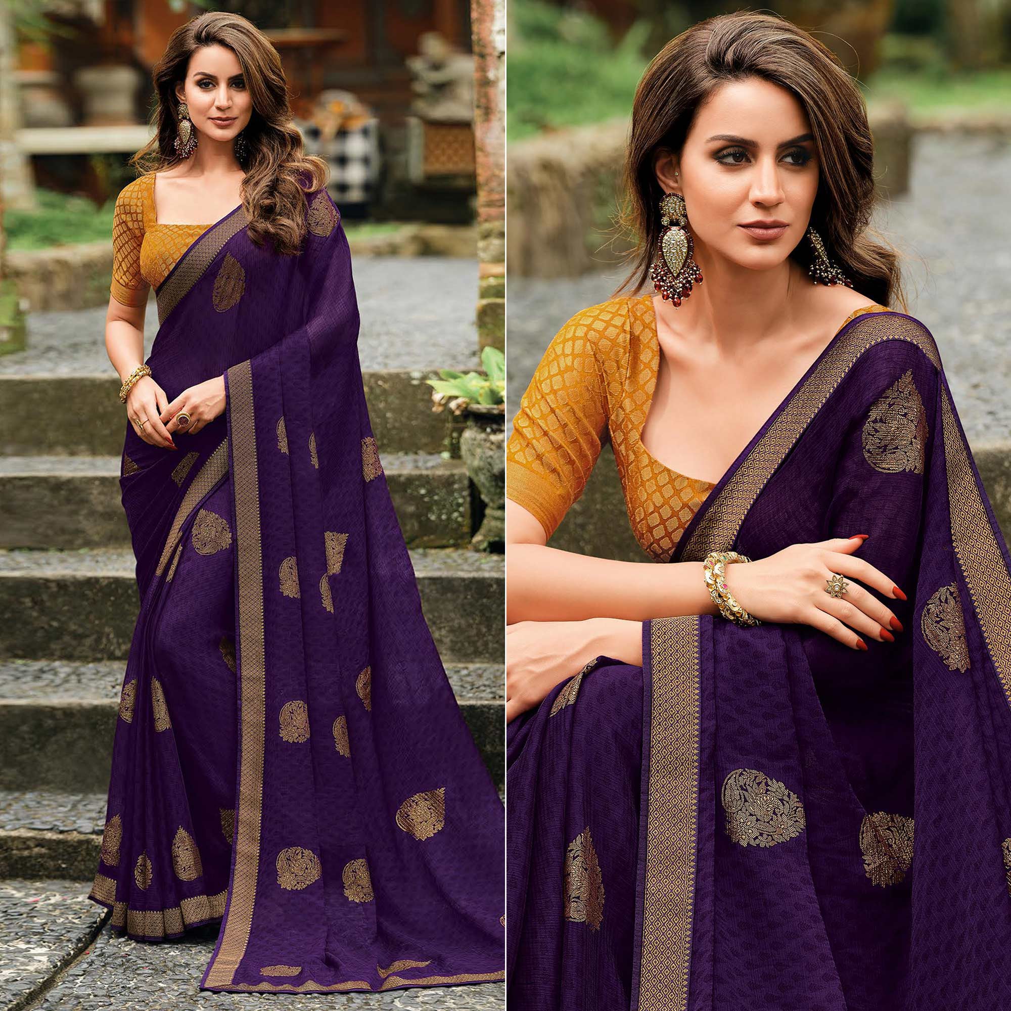 Violet Foil Printed Chiffon Saree