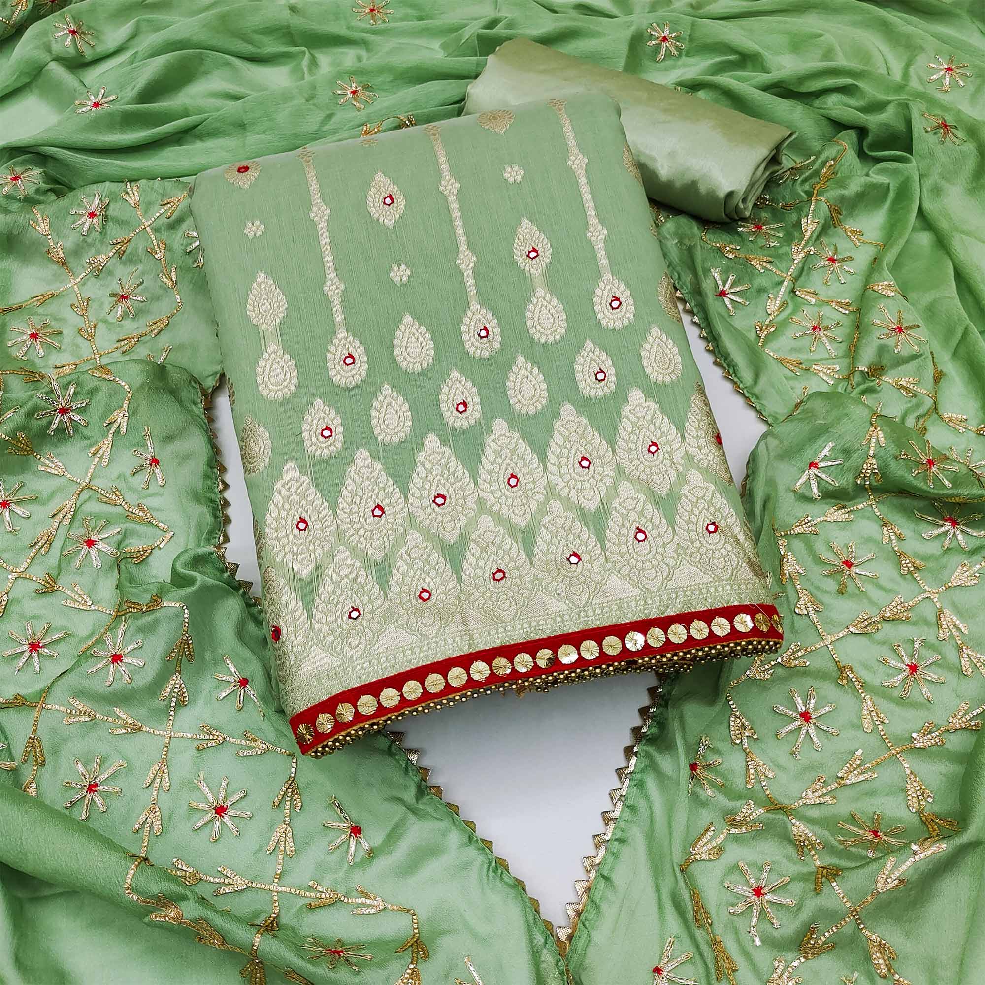 Green Woven Banarasi Silk Dress Material