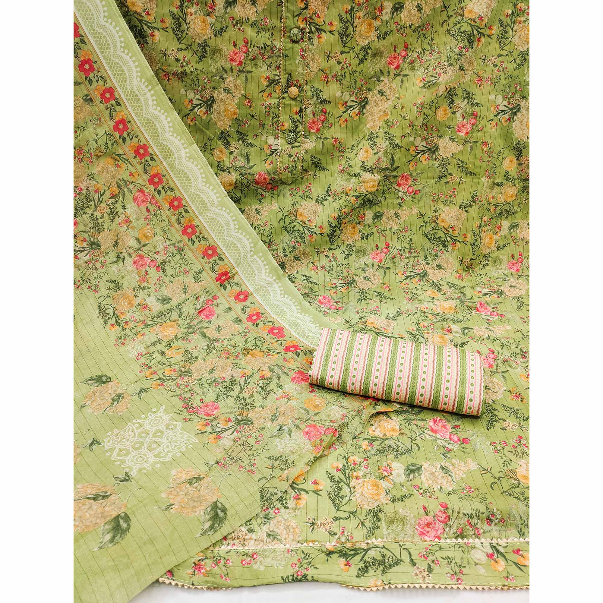 Green Floral Printed Printed Cotton Blend Dress Material