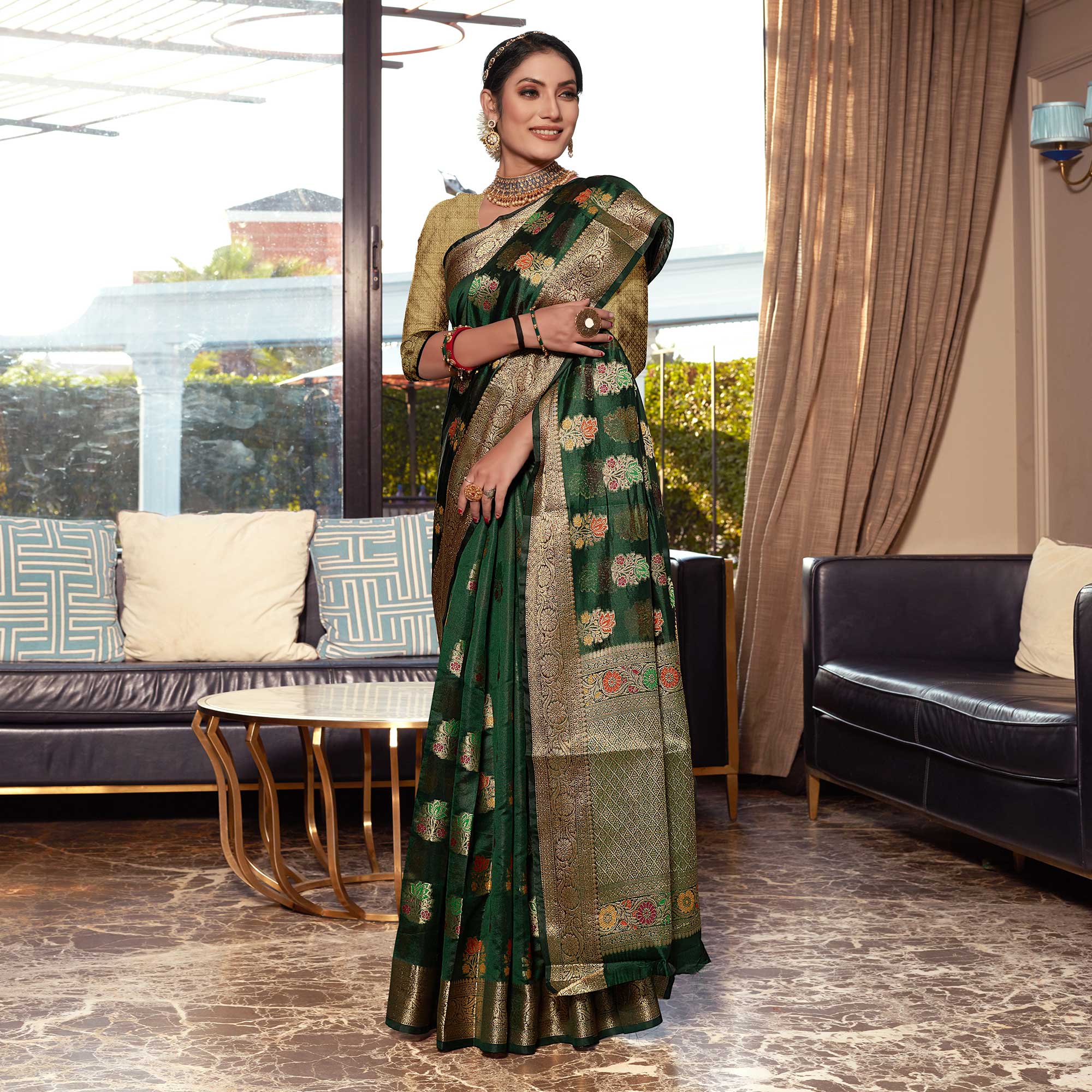 Bottle Green Floral Woven Organza Saree