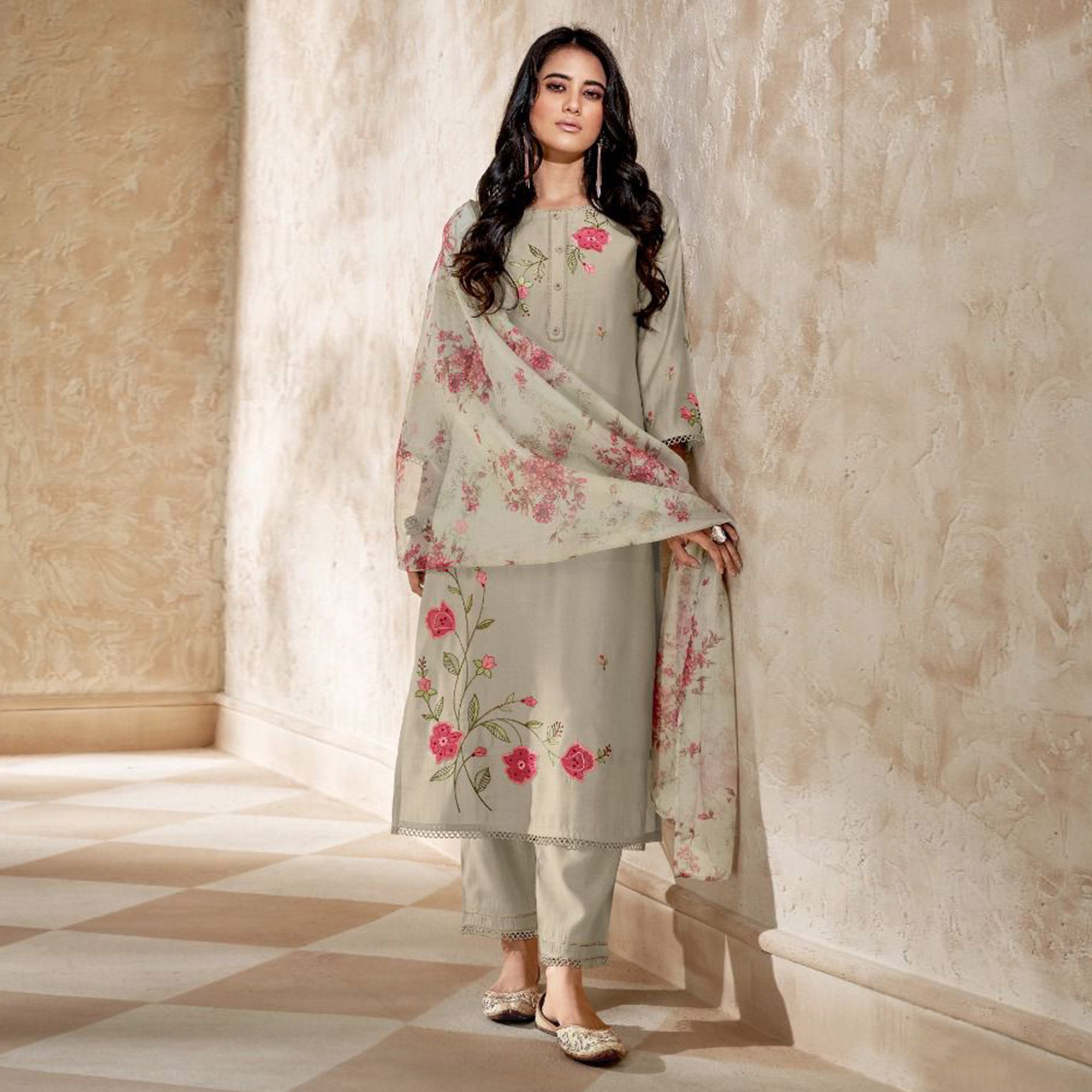 Grey Floral Embroidered Viscose Suit