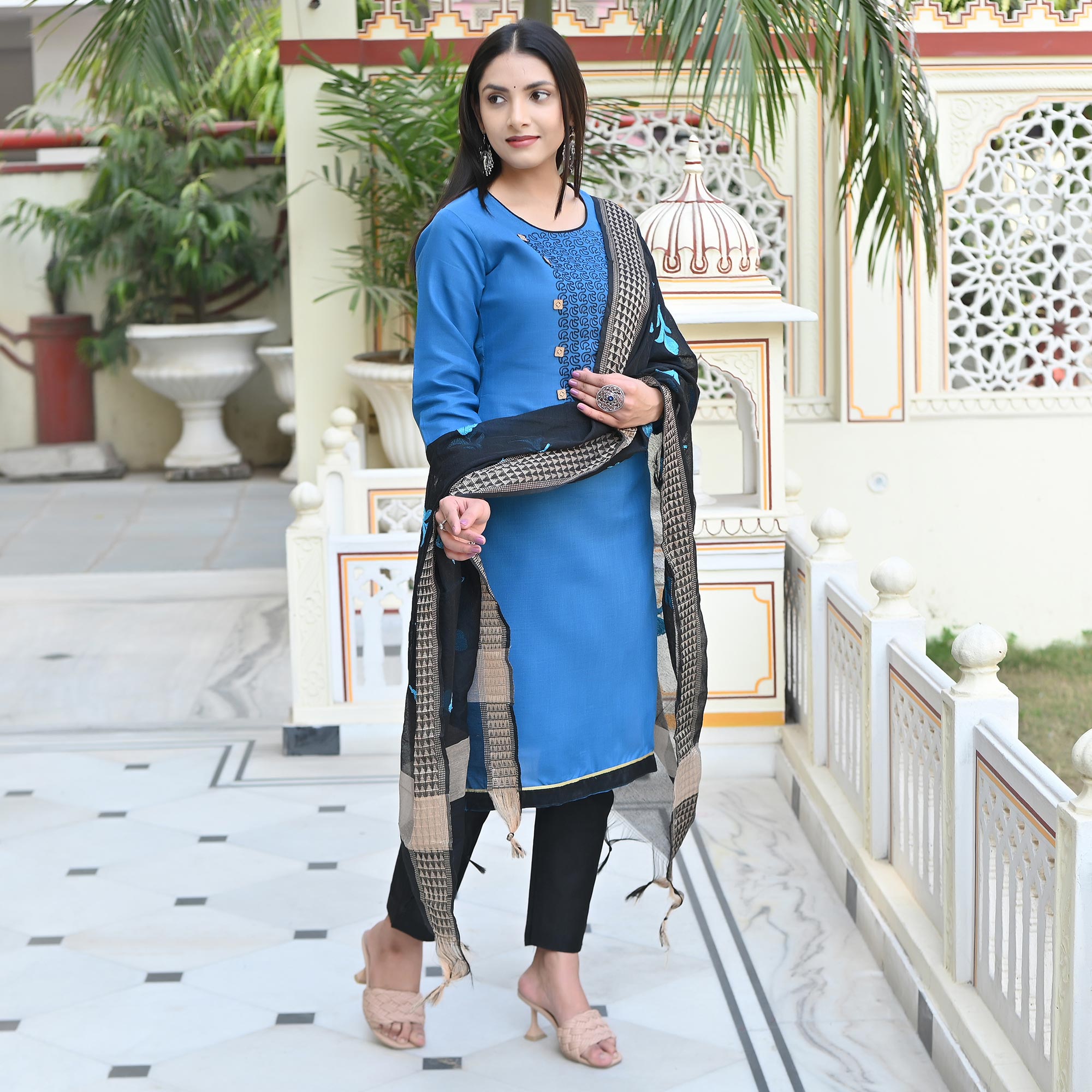 Blue Embroidered Cotton Blend Salwar Suit