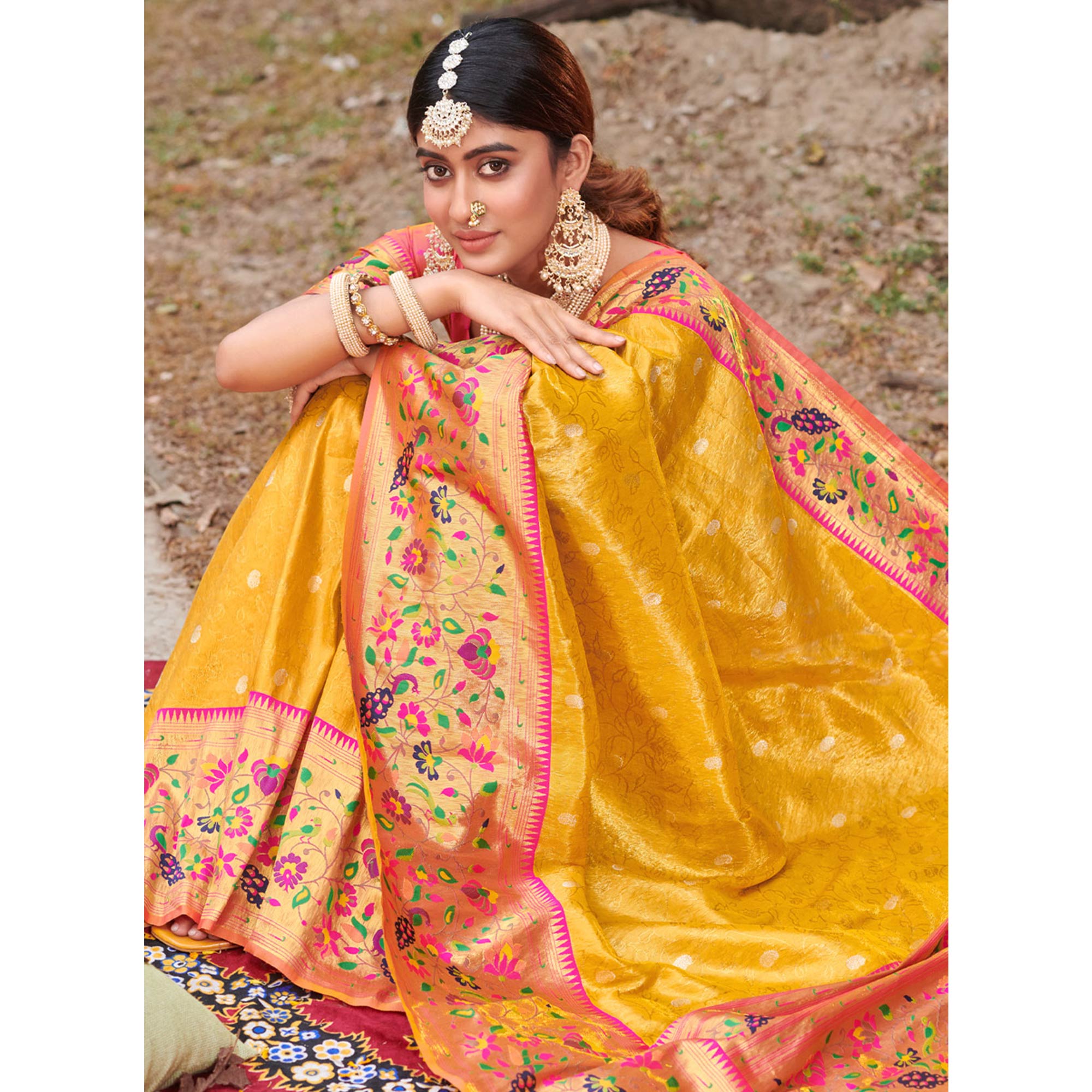 Yellow Woven Art Silk Paithani Saree With Tassels